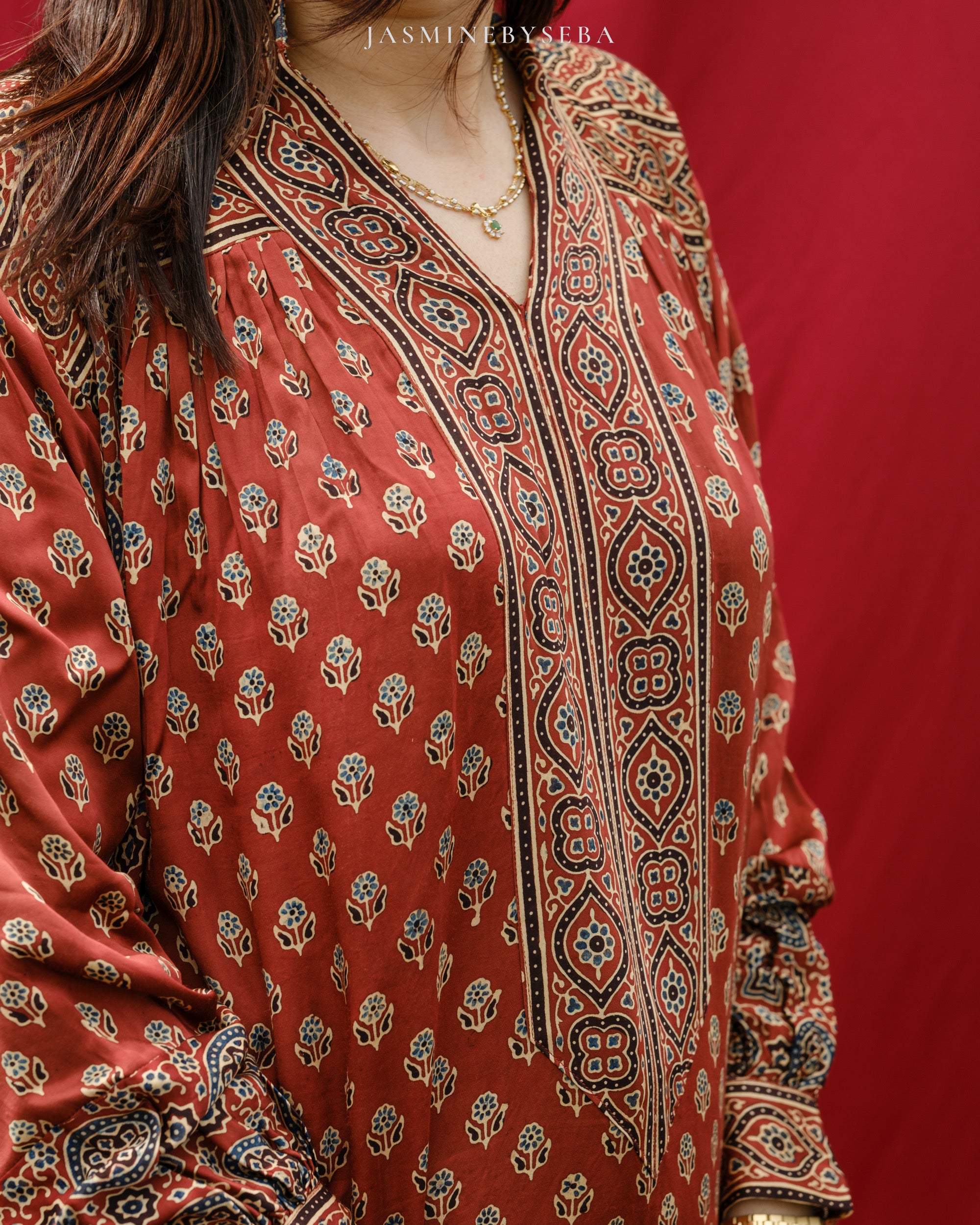 Ajrakh hand dyed hand block printed modal silk maxi dress