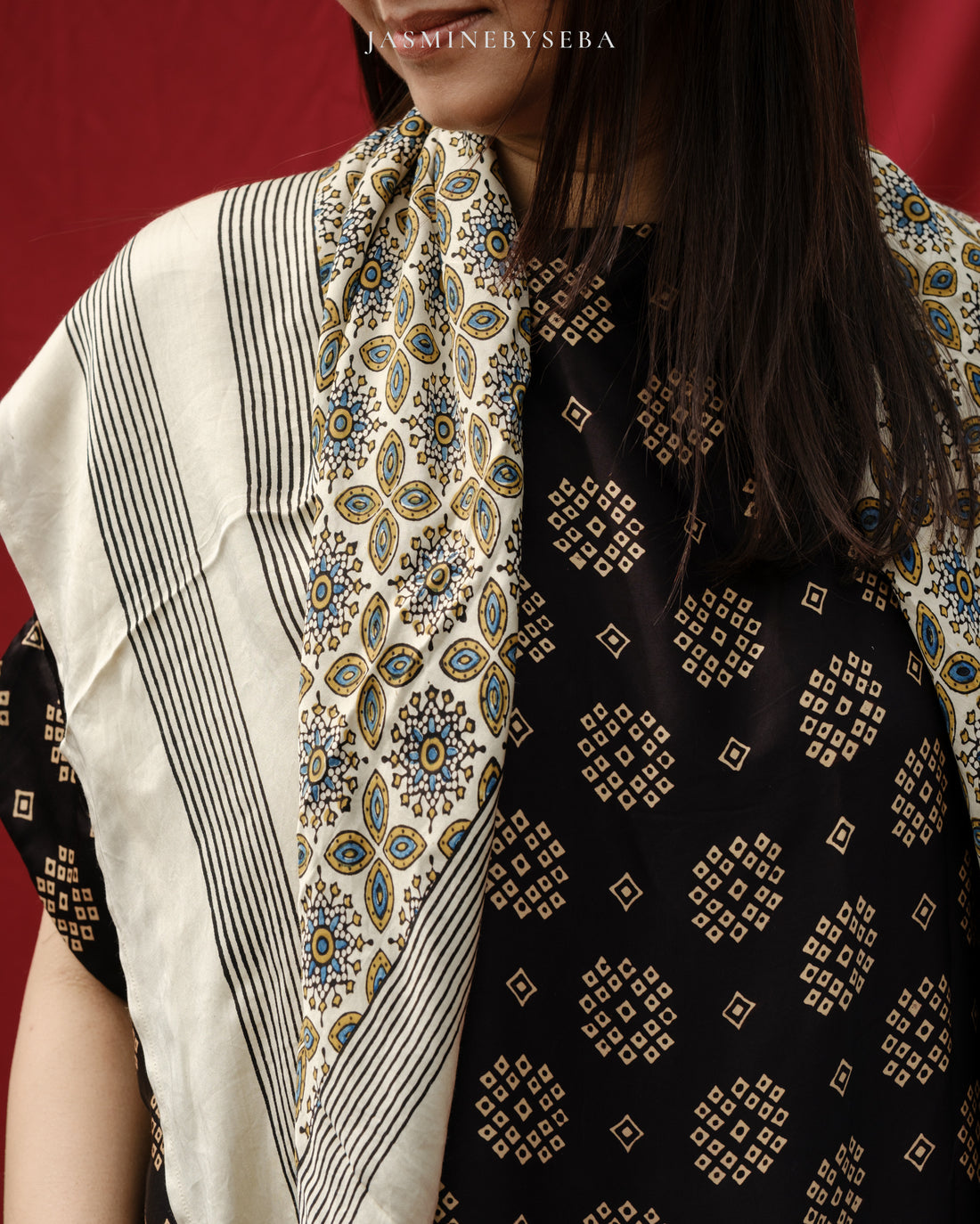 AJRAKH hand dyed hand block printed pure modal silk long scarf