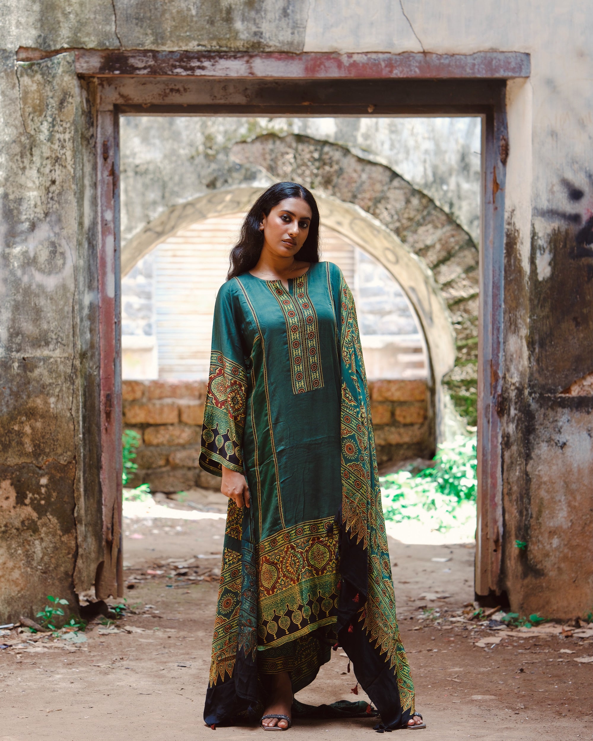 Ajrakh hand block printed modal silk loose fit set.