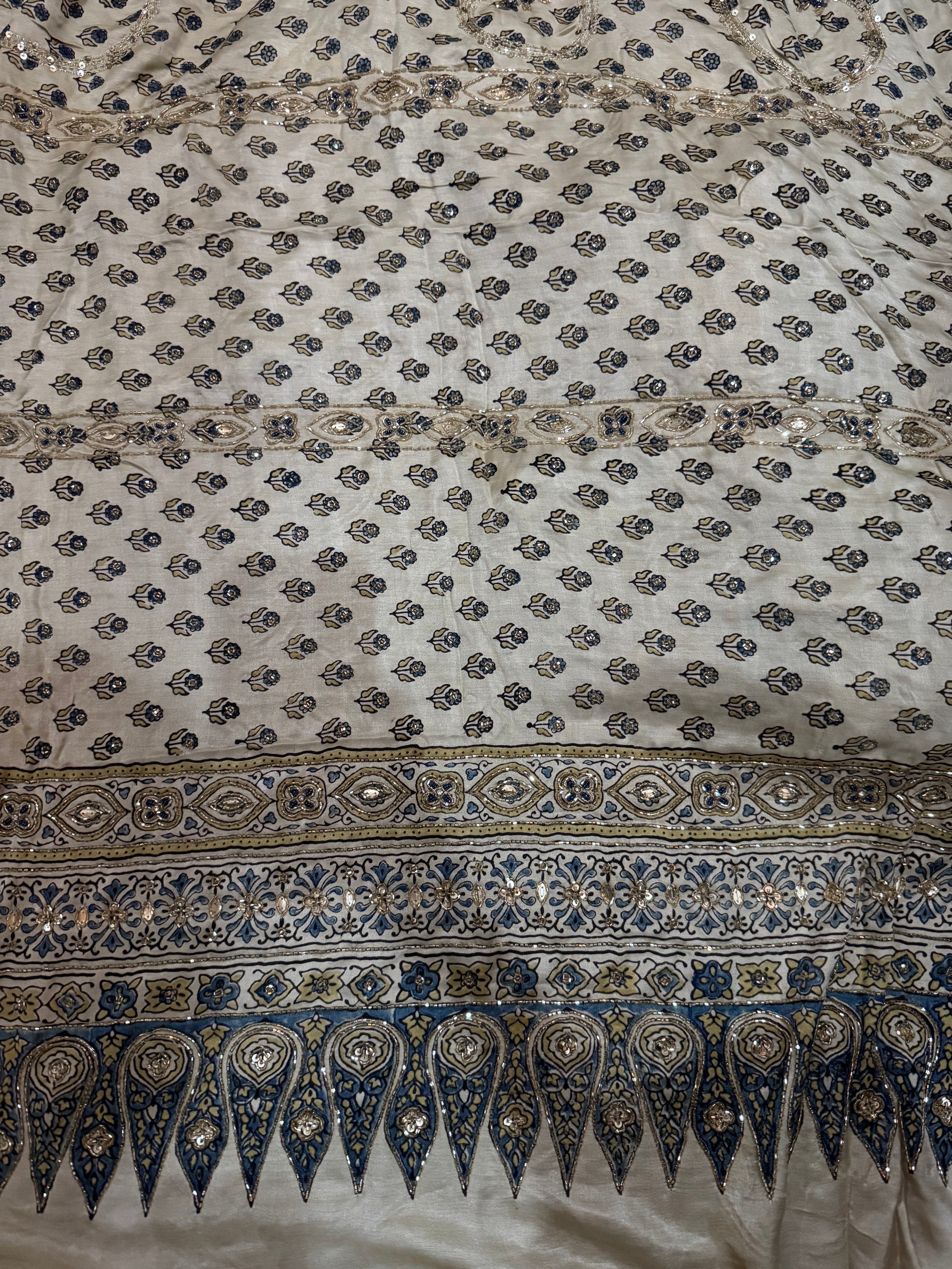 Ajrakh pure handloom gajji silk hand dyed, hand block printed and handworked saree