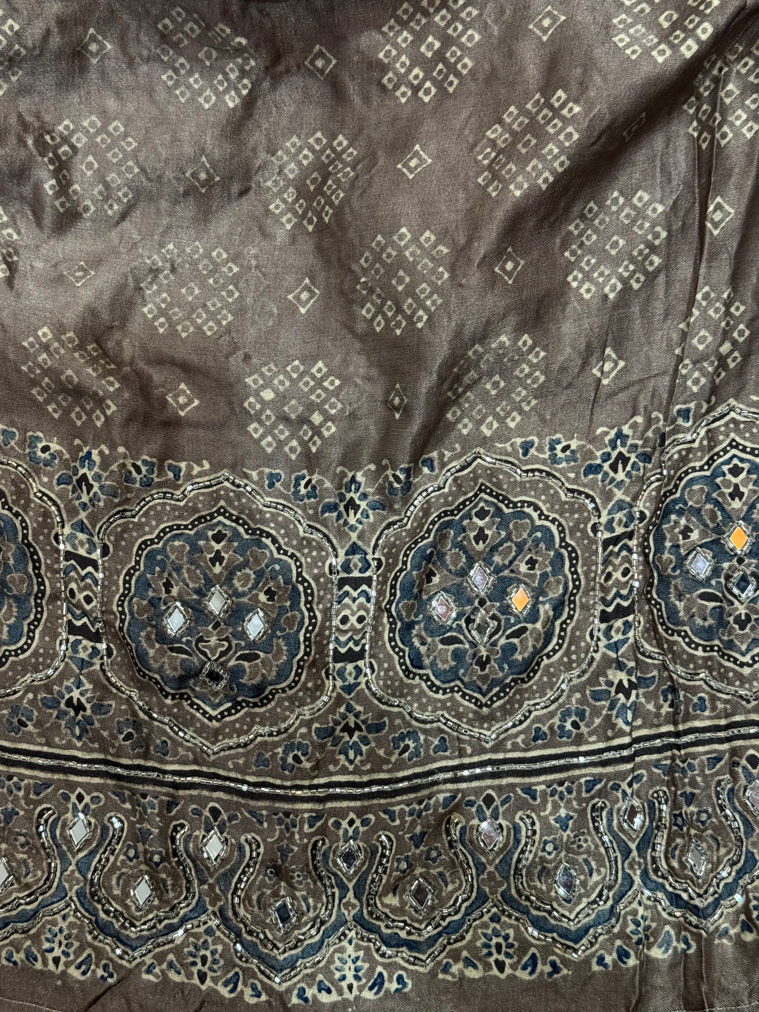 Ajrakh pure handloom gajji silk hand dyed, hand block printed and handworked saree