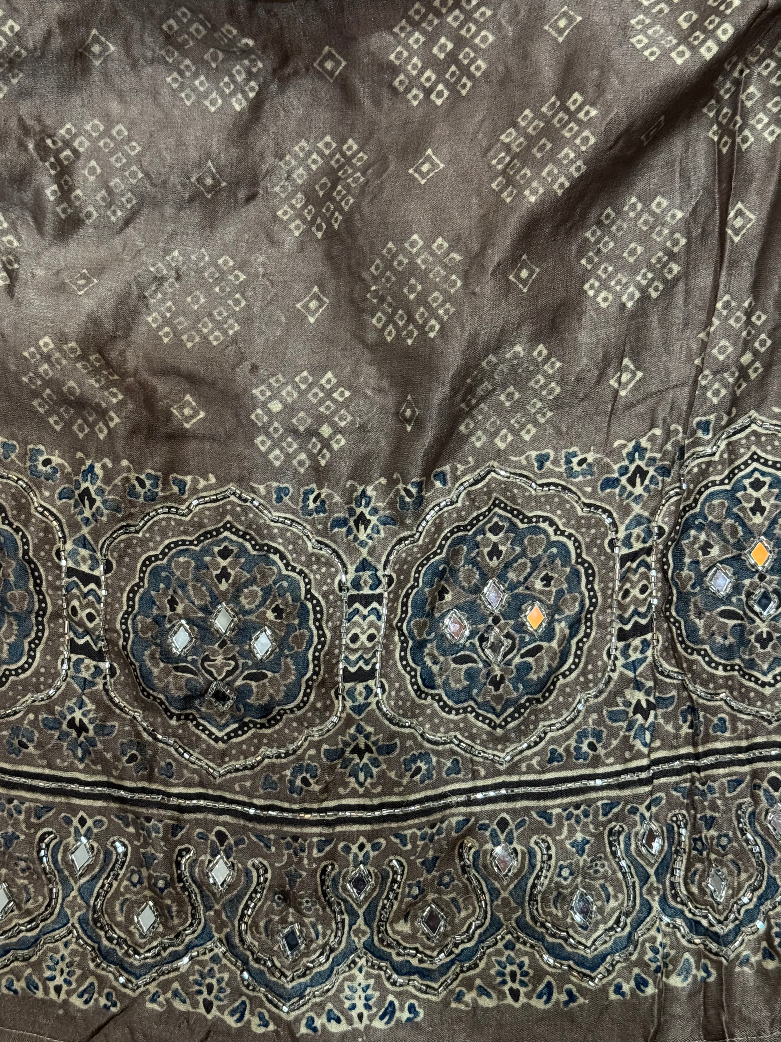 Ajrakh pure handloom gajji silk hand dyed, hand block printed and handworked saree