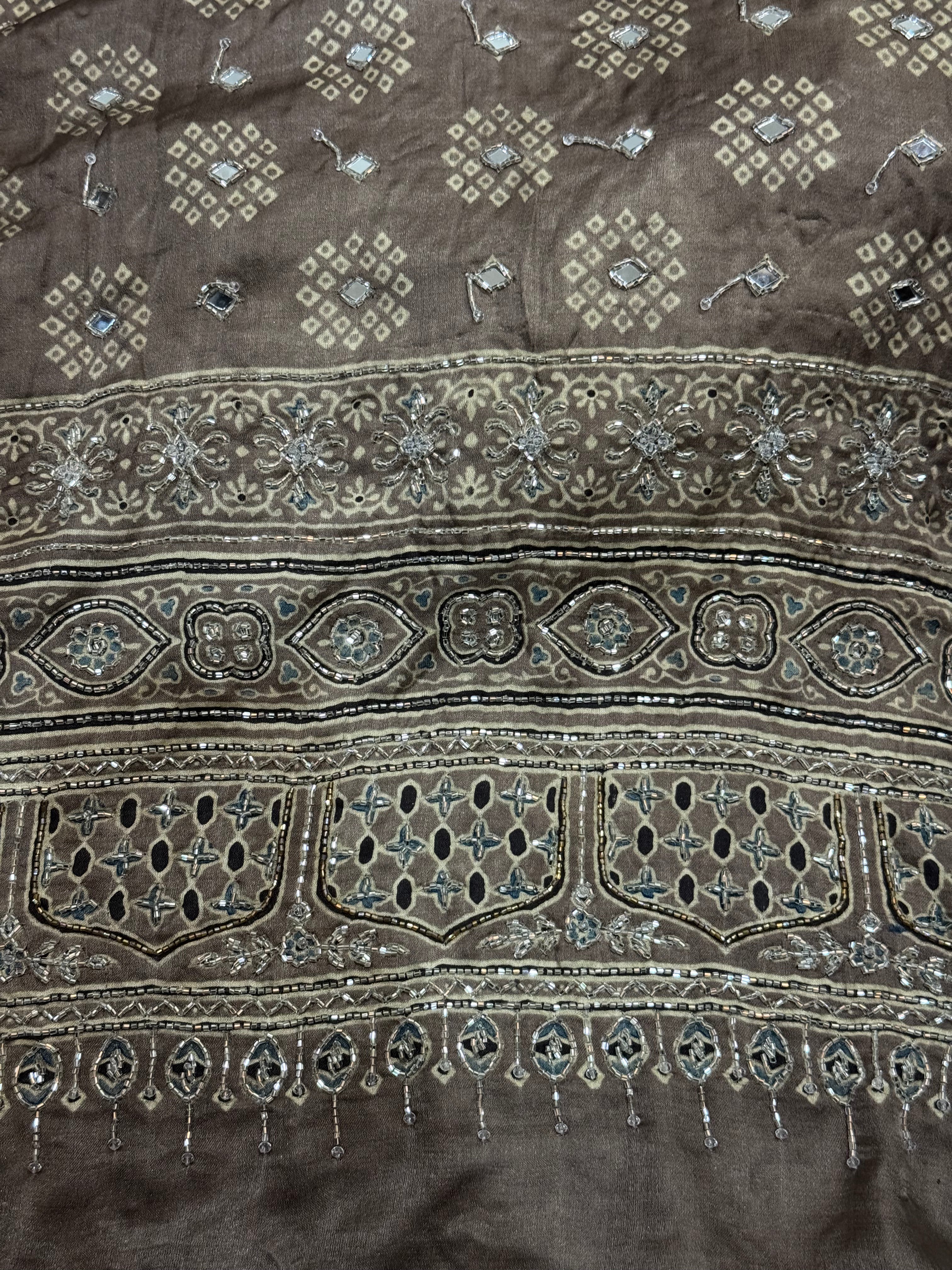 Ajrakh pure handloom gajji silk hand dyed, hand block printed and handworked saree
