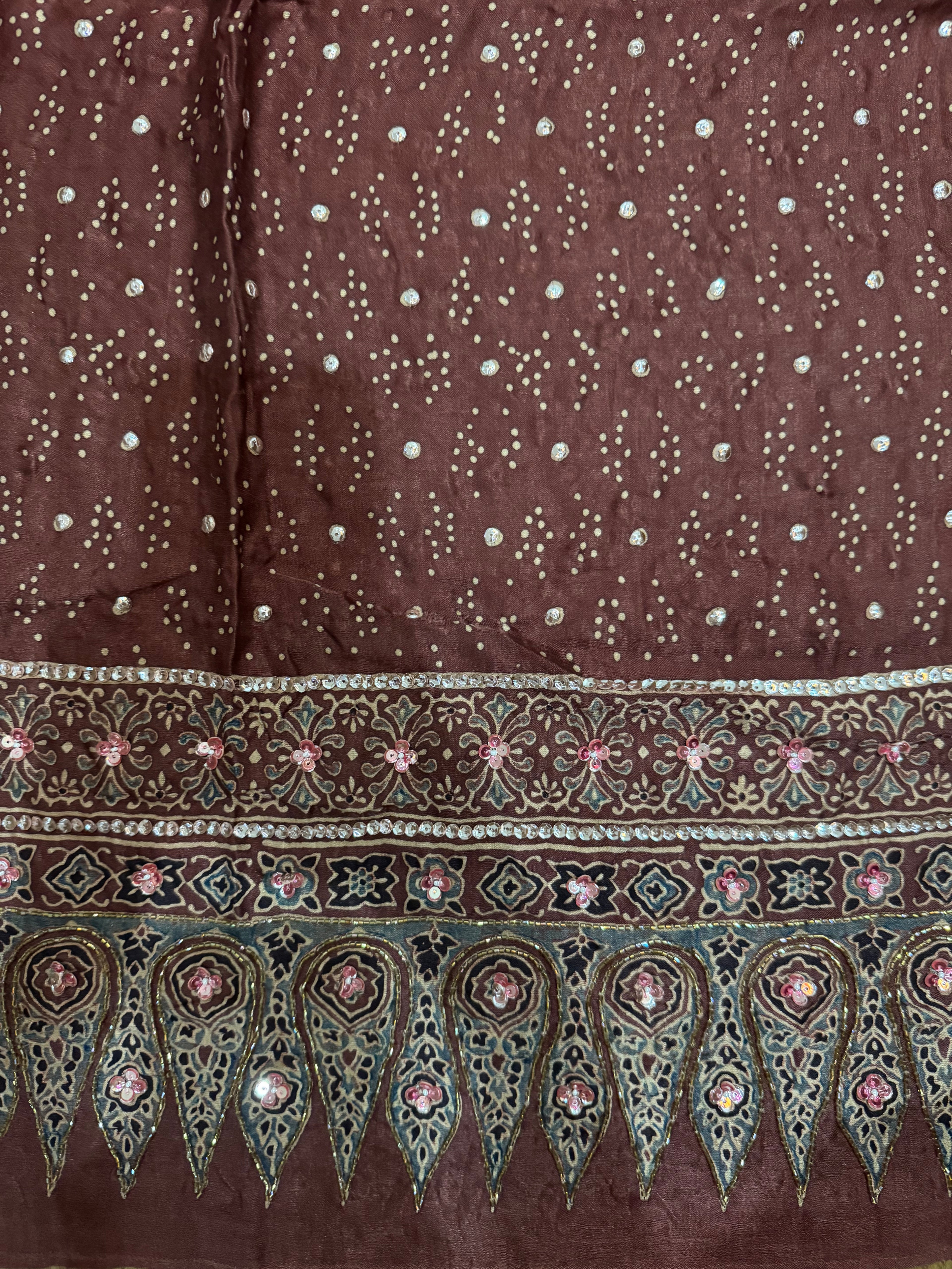 Ajrakh pure handloom gajji silk hand dyed, hand block printed and handworked saree