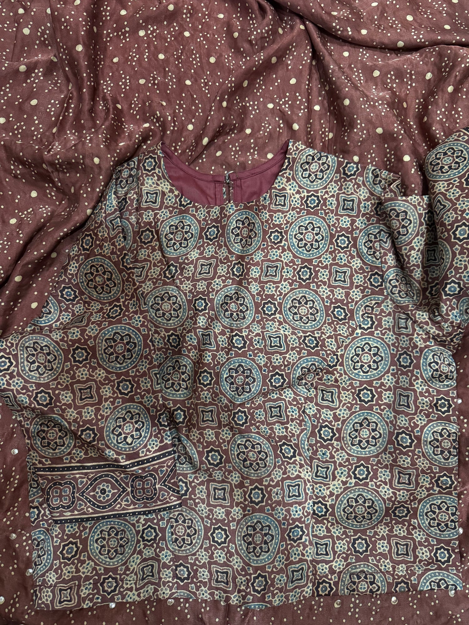 Ajrakh pure handloom gajji silk hand dyed, hand block printed and handworked saree
