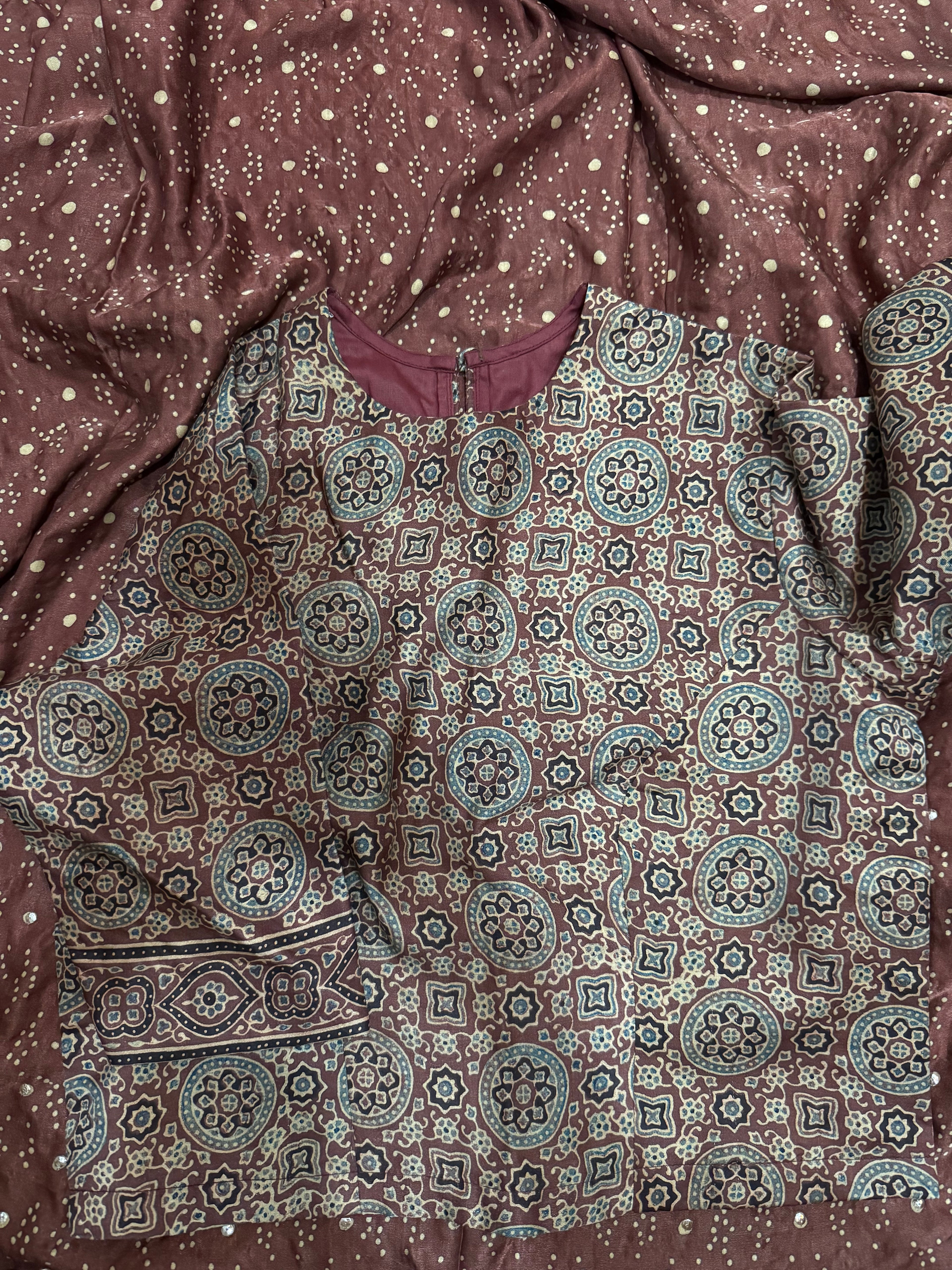Ajrakh pure handloom gajji silk hand dyed, hand block printed and handworked saree