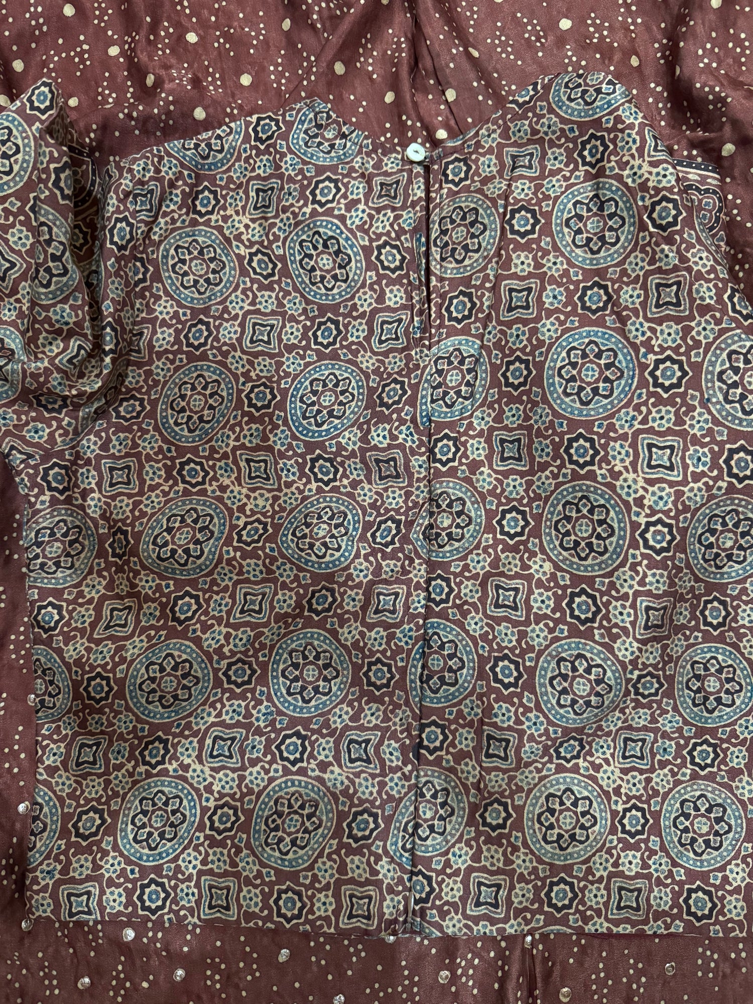 Ajrakh pure handloom gajji silk hand dyed, hand block printed and handworked saree