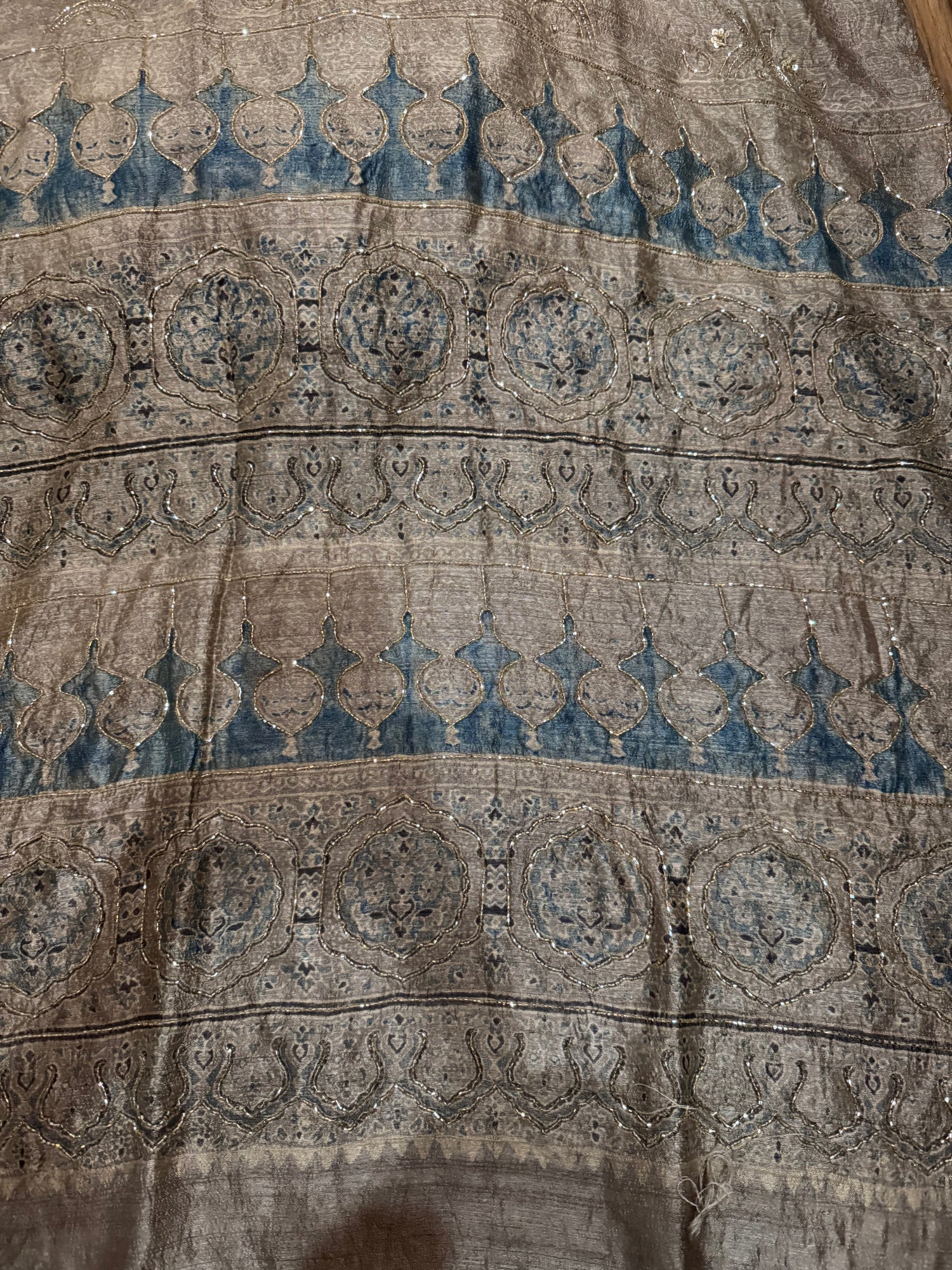 Ajrakh pure handloom tussar silk hand dyed, hand block printed and handworked saree
