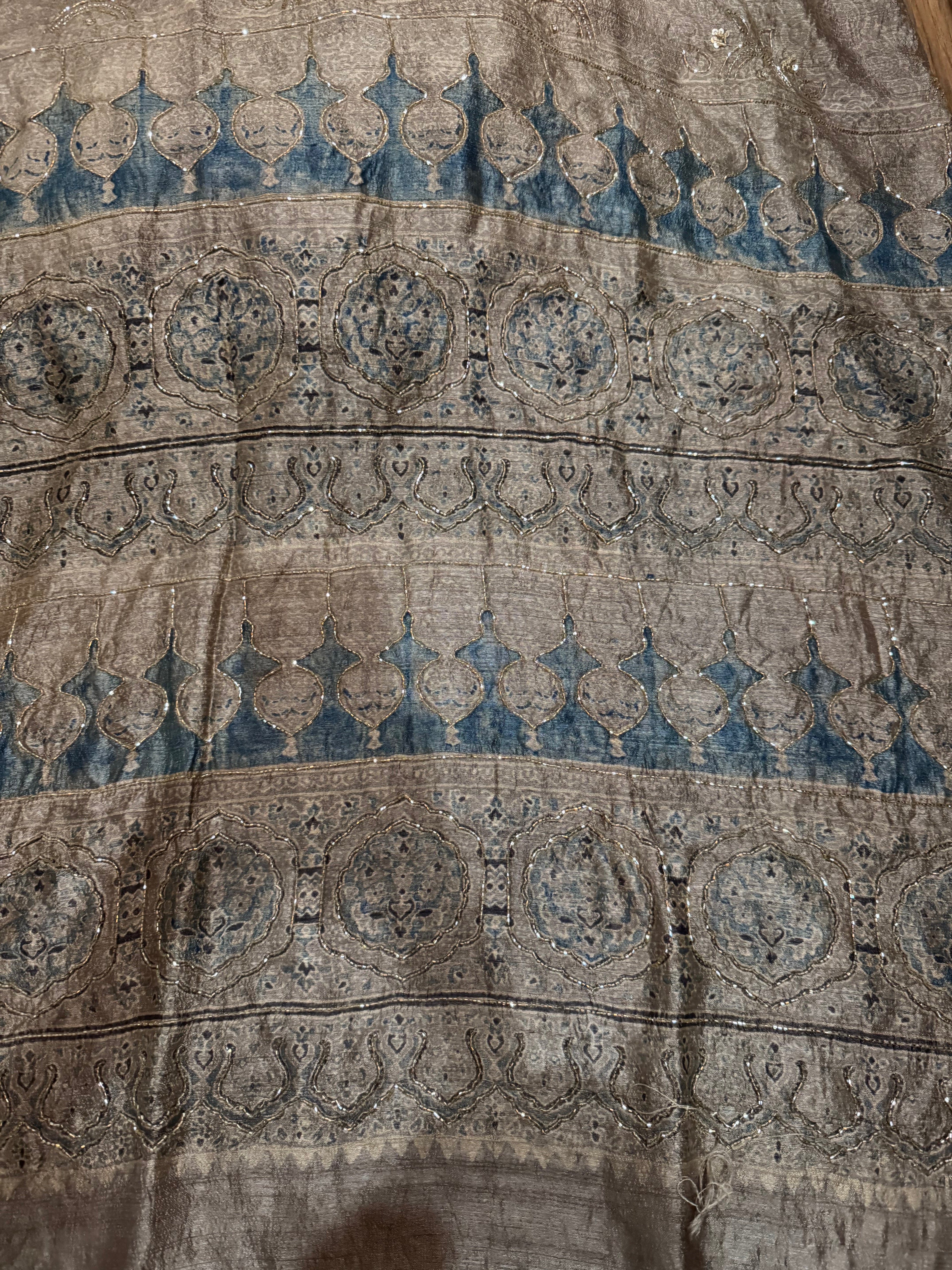 Ajrakh pure handloom tussar silk hand dyed, hand block printed and handworked saree