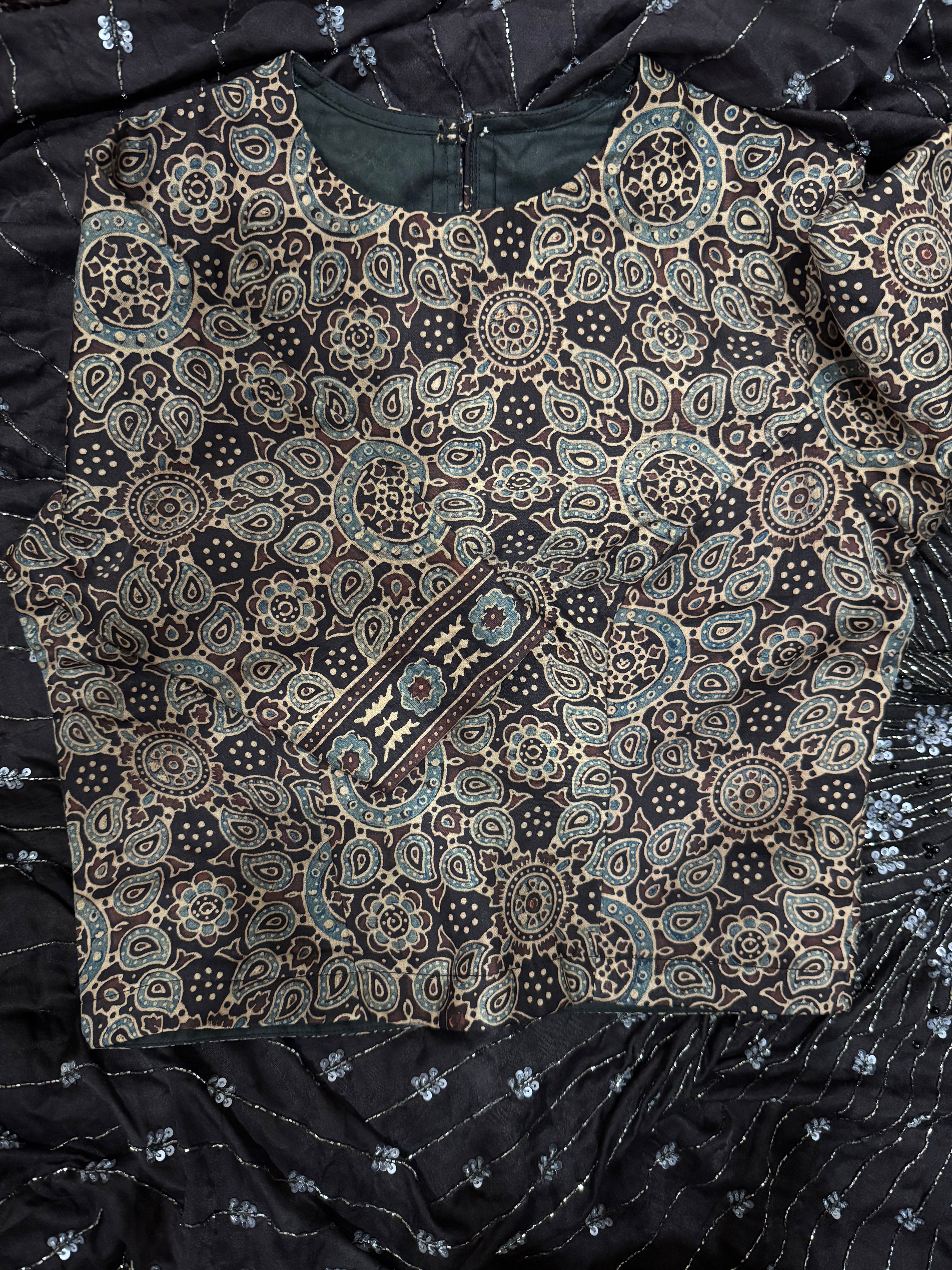 Ajrakh pure handloom gajji silk hand dyed, hand block printed and handworked saree