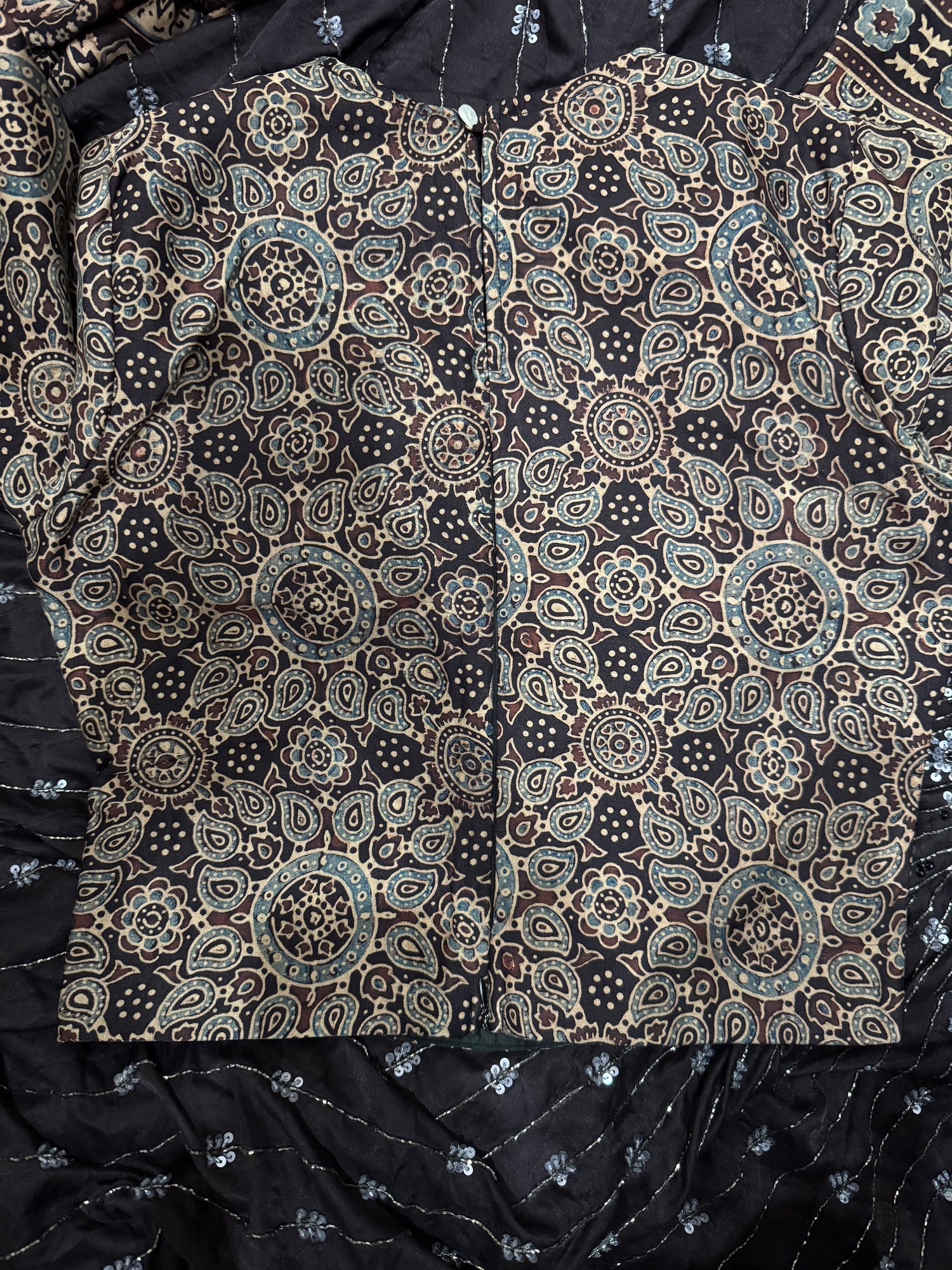 Ajrakh pure handloom gajji silk hand dyed, hand block printed and handworked saree