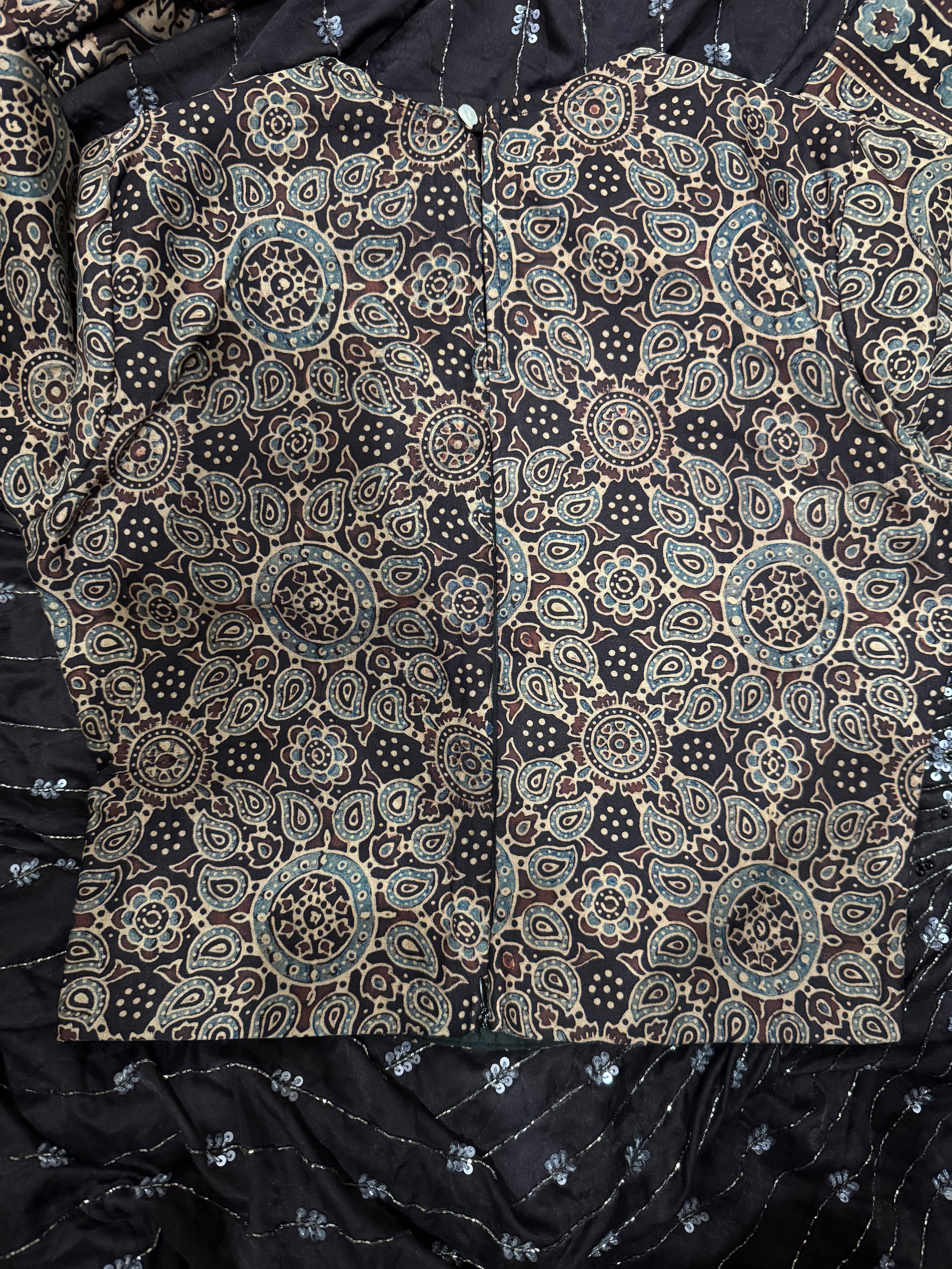 Ajrakh pure handloom gajji silk hand dyed, hand block printed and handworked saree