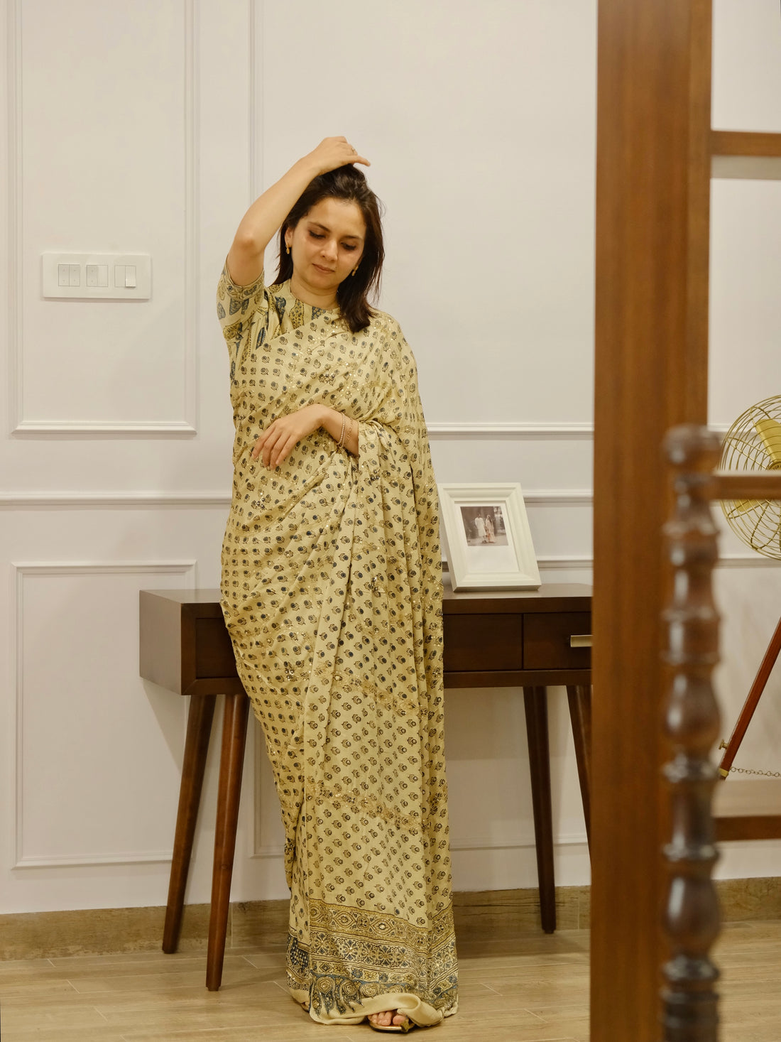 Ajrakh pure handloom gajji silk hand dyed, hand block printed and handworked saree