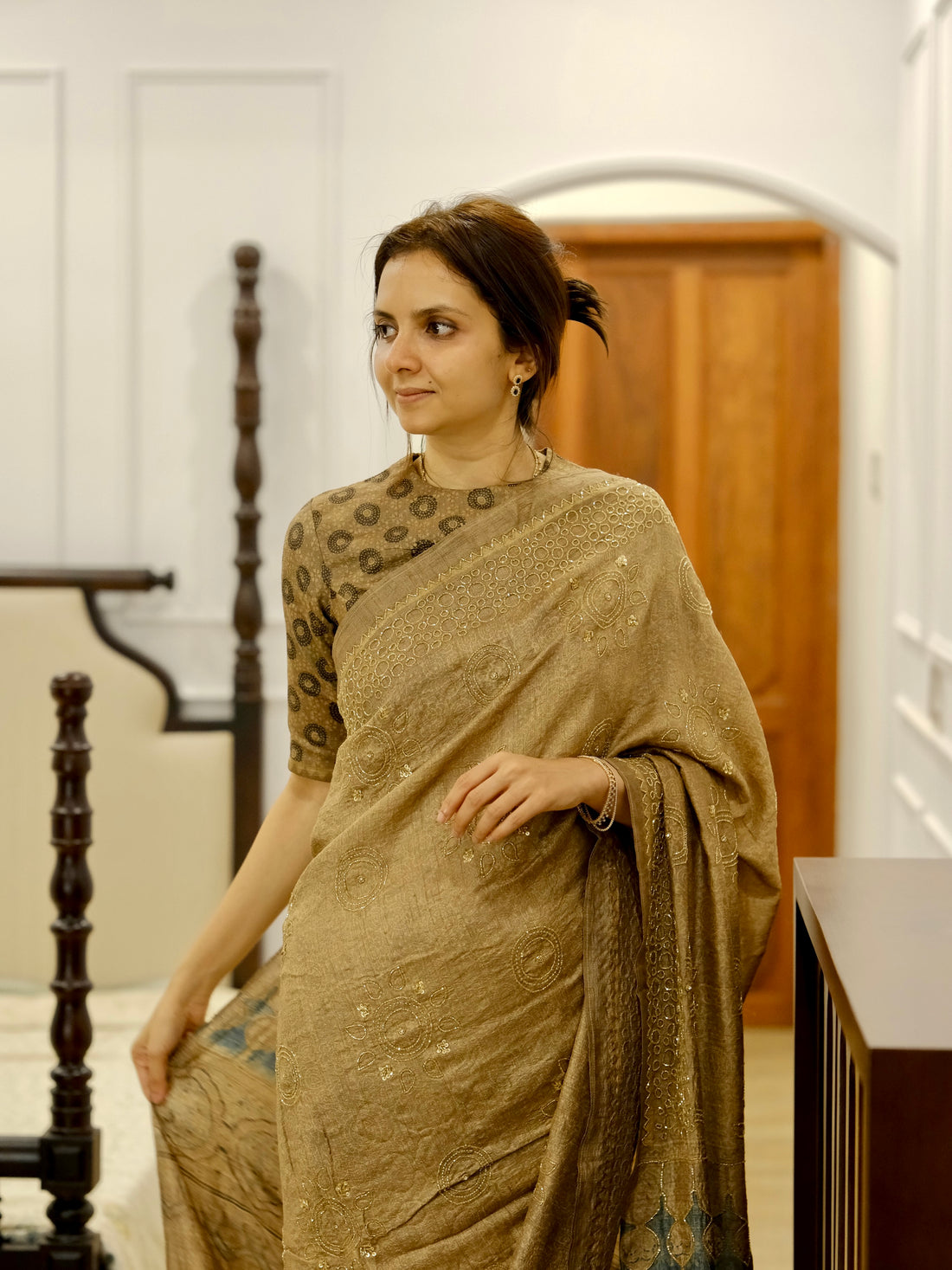 Ajrakh pure handloom tussar silk hand dyed, hand block printed and handworked saree