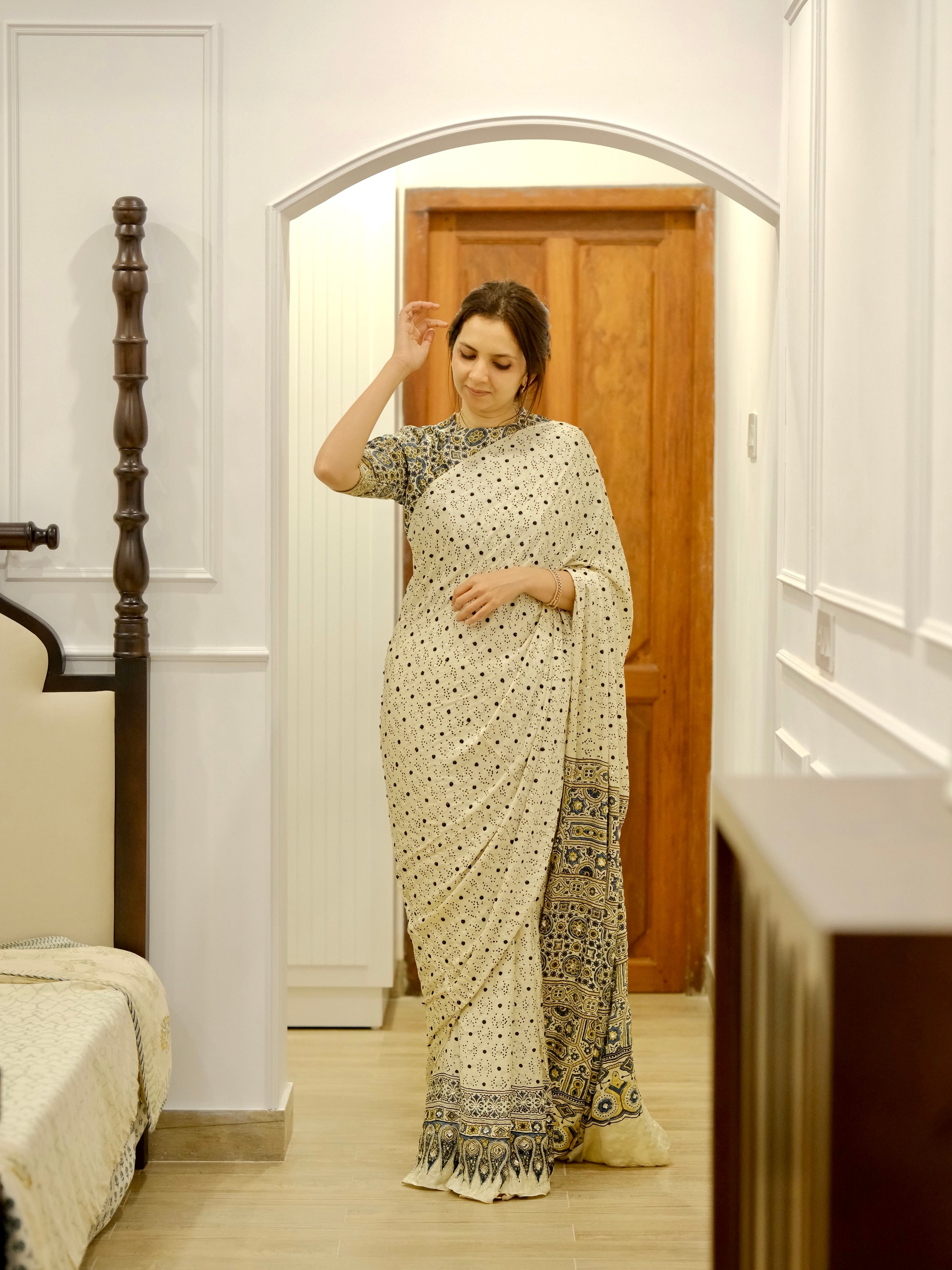 Ajrakh pure modal silk hand dyed, hand block printed and handworked saree
