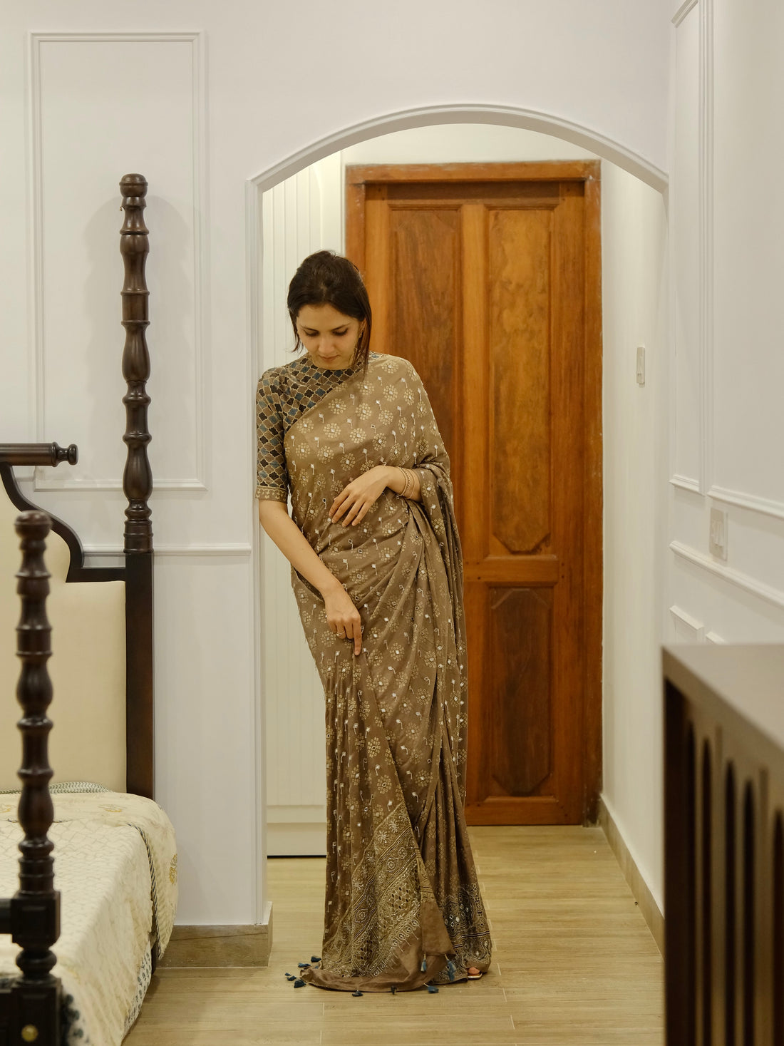 Ajrakh pure handloom gajji silk hand dyed, hand block printed and handworked saree