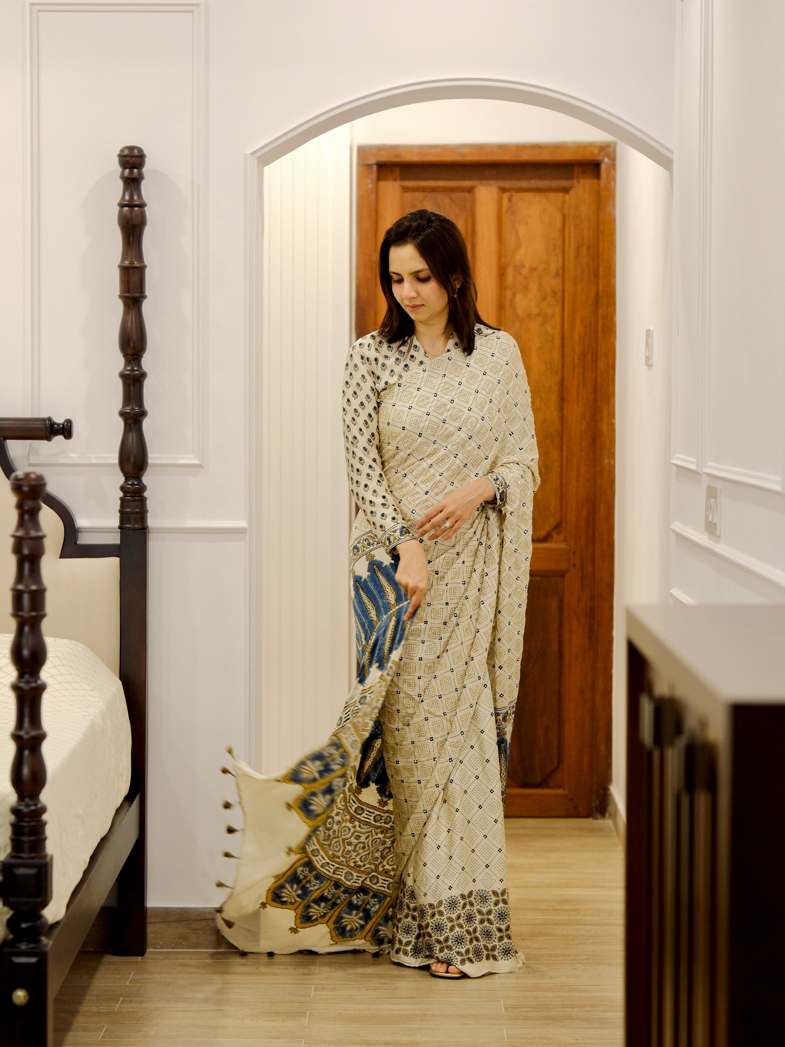 Ajrakh pure modal silk hand dyed, hand block printed and handworked saree