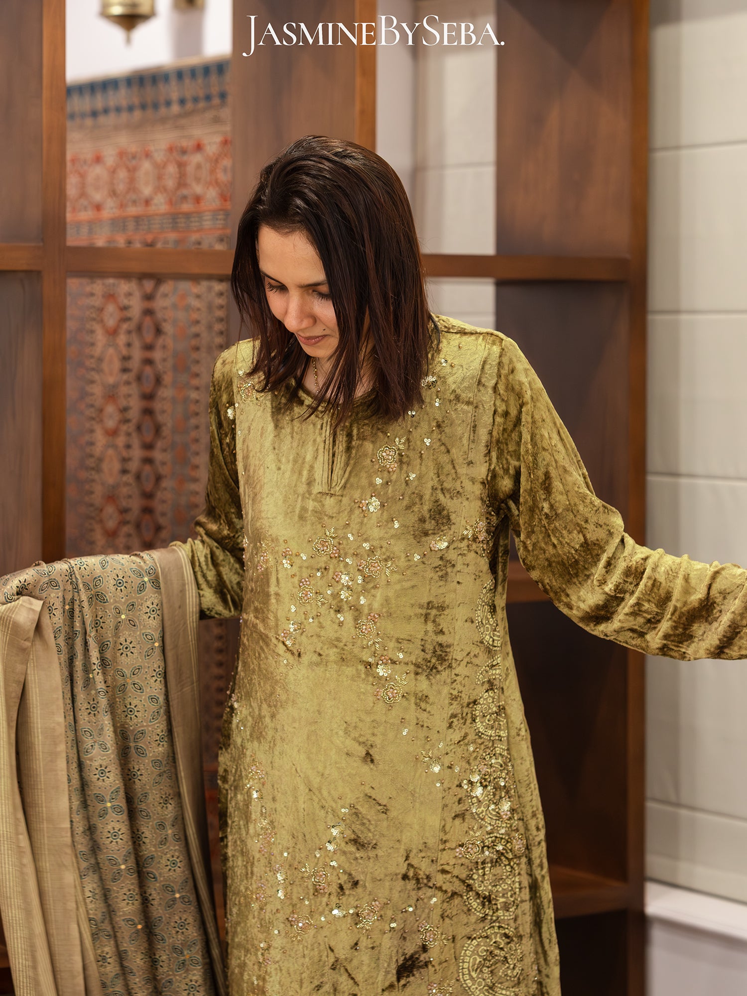 Ajrakh hand dyed hand block printed velvet silk salwar set with hand embroidry