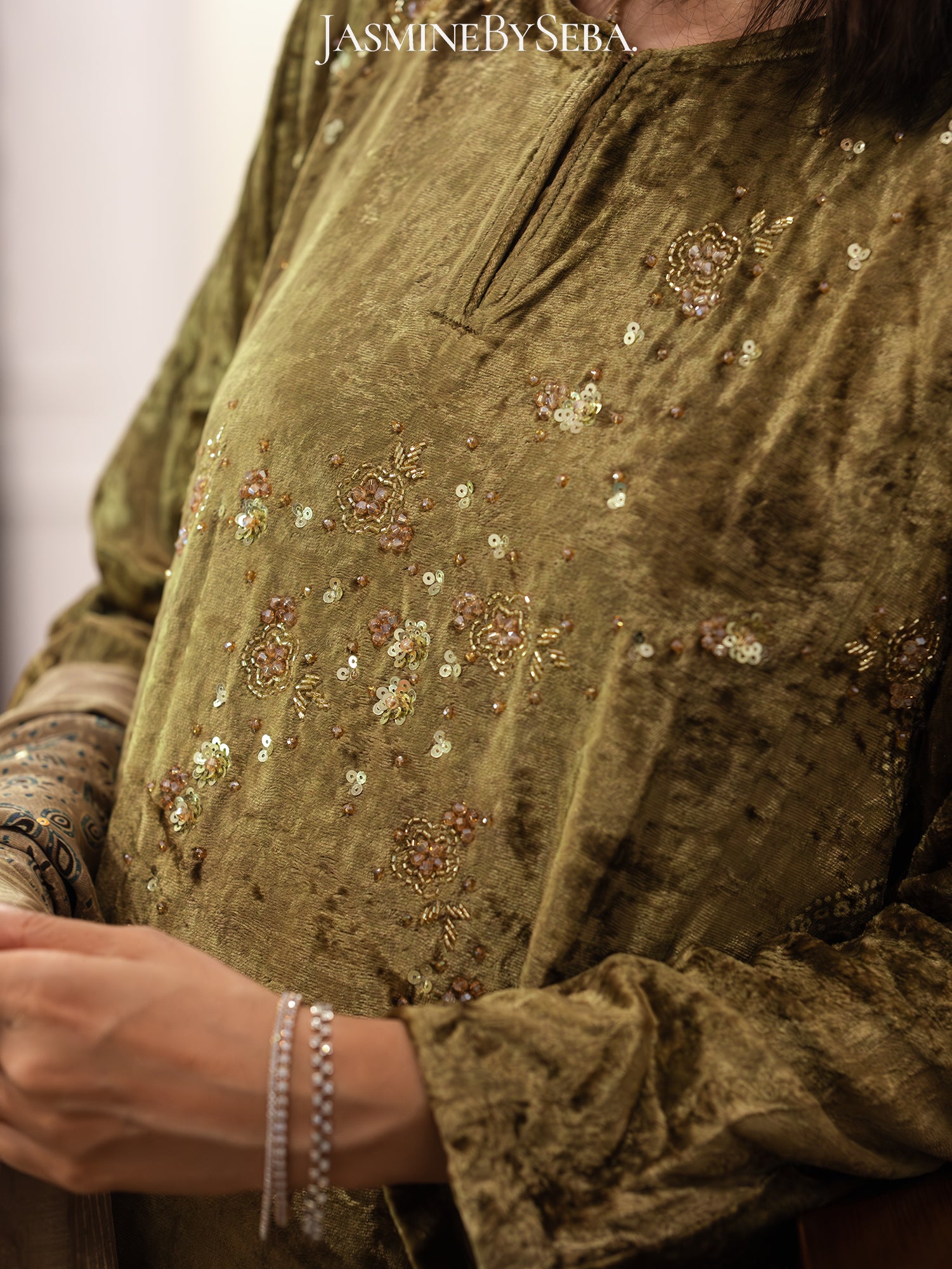 Ajrakh hand dyed hand block printed velvet silk salwar set with hand embroidry