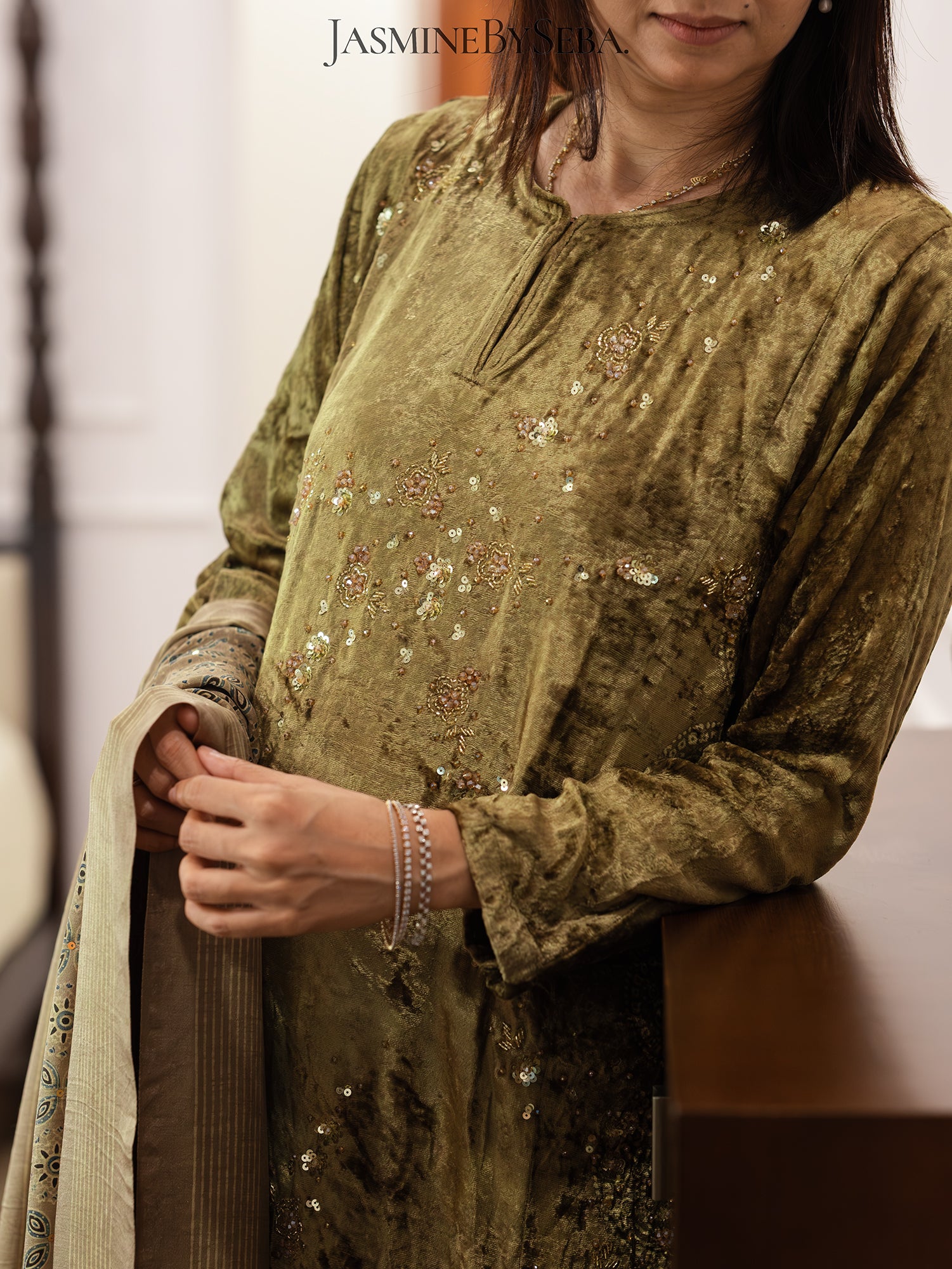 Ajrakh hand dyed hand block printed velvet silk salwar set with hand embroidry