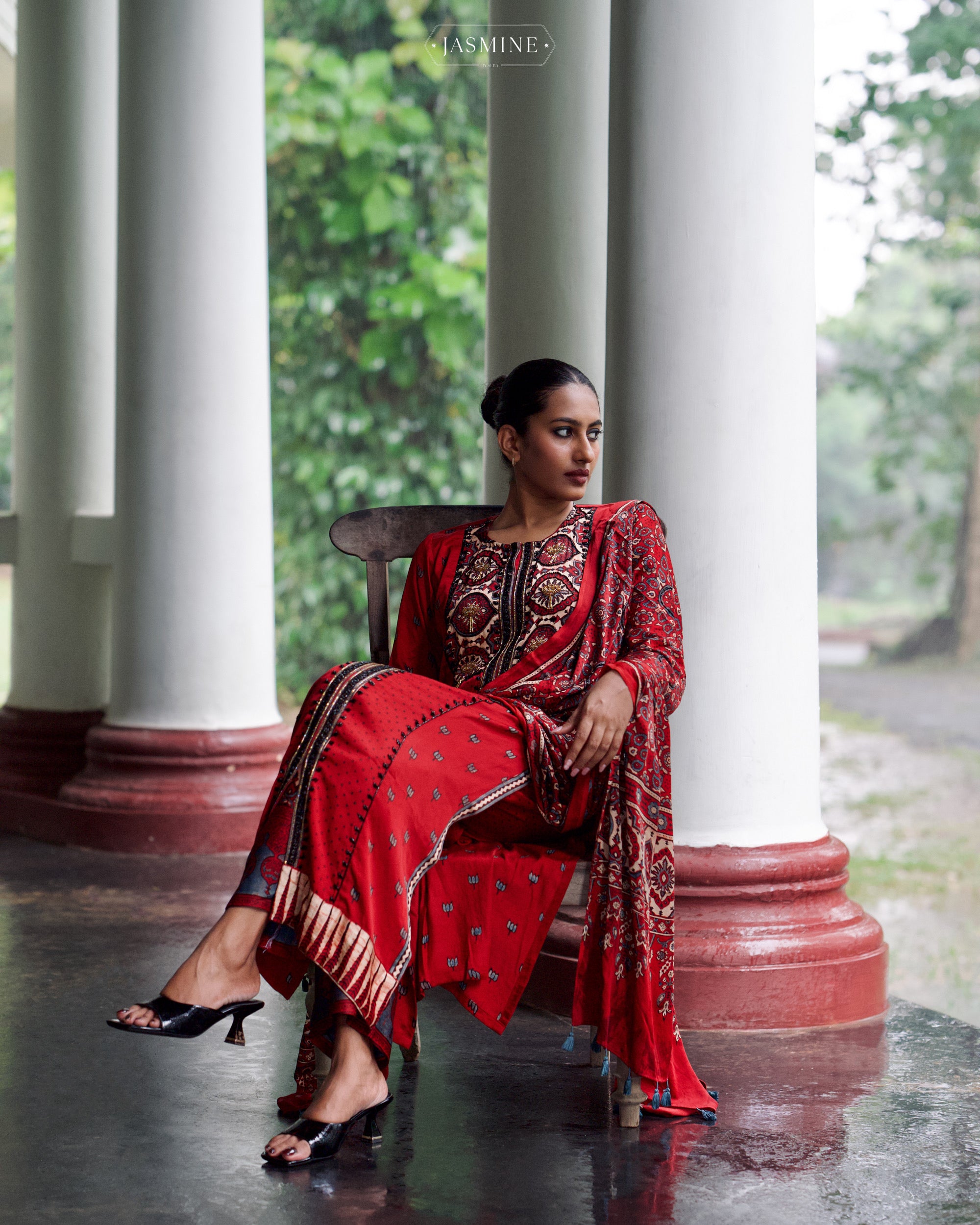 Ajrakh hand block printed modal silk straight cut salwar set with cutbead handwork