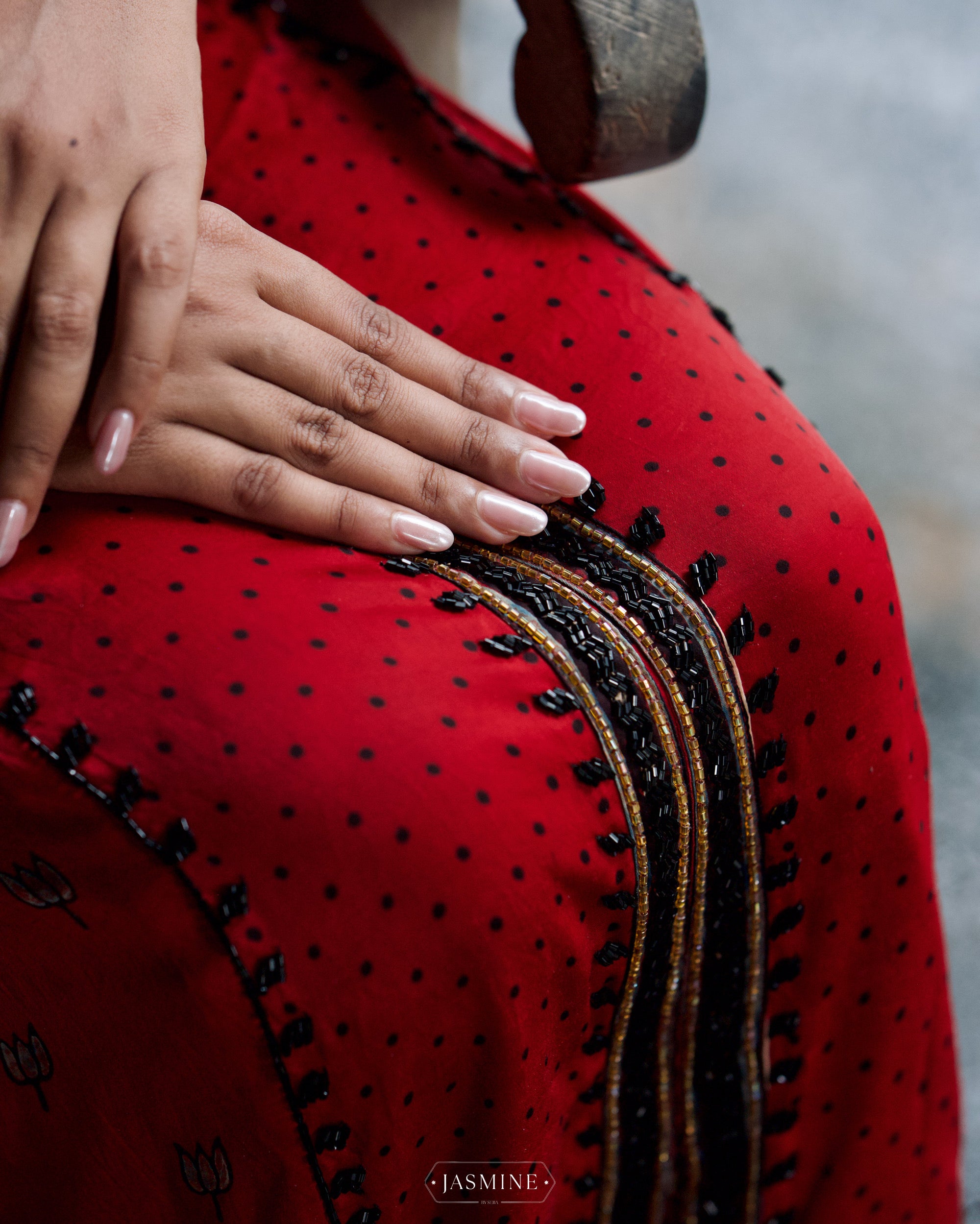 Ajrakh hand block printed modal silk straight cut salwar set with cutbead handwork