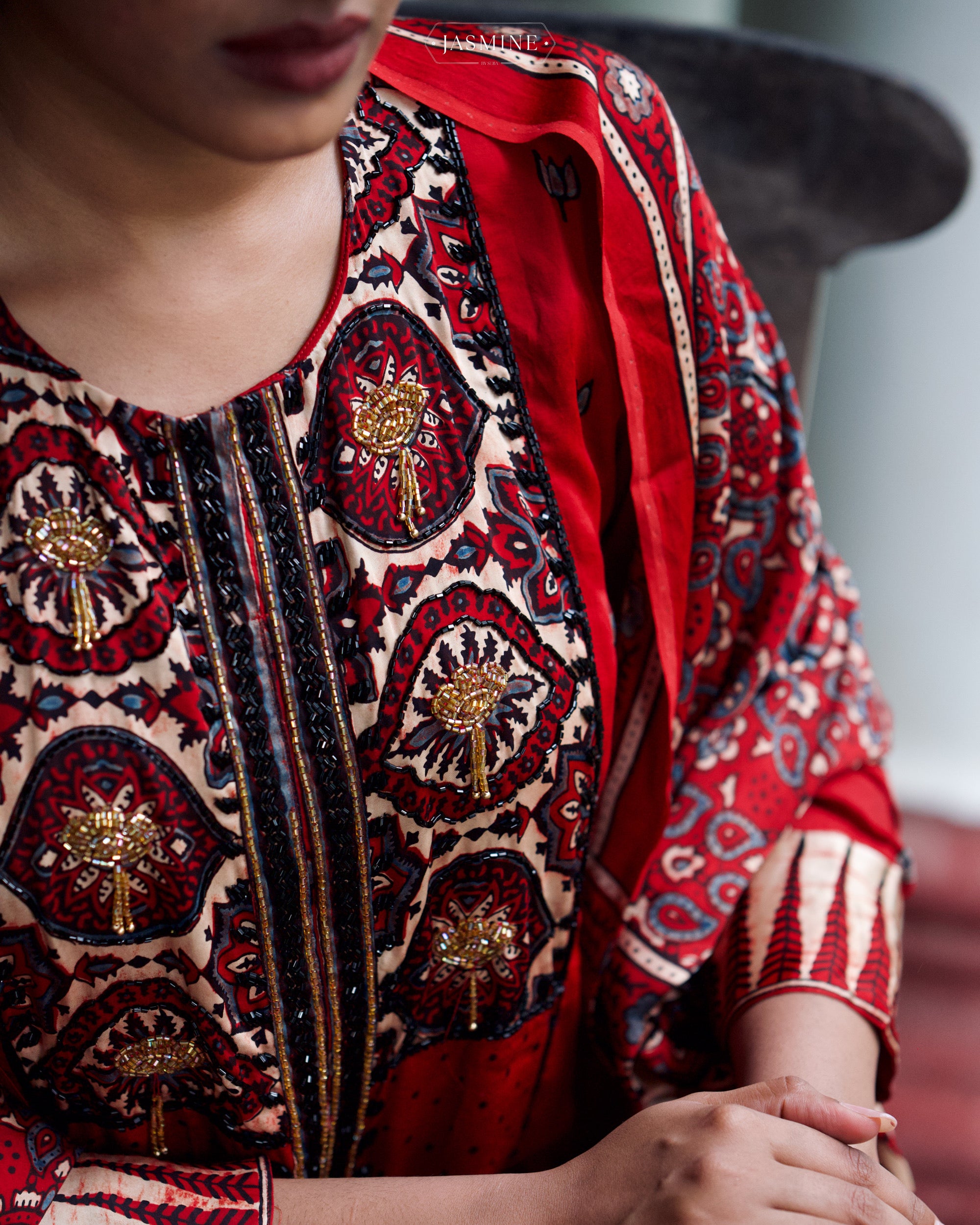 Ajrakh hand block printed modal silk straight cut salwar set with cutbead handwork