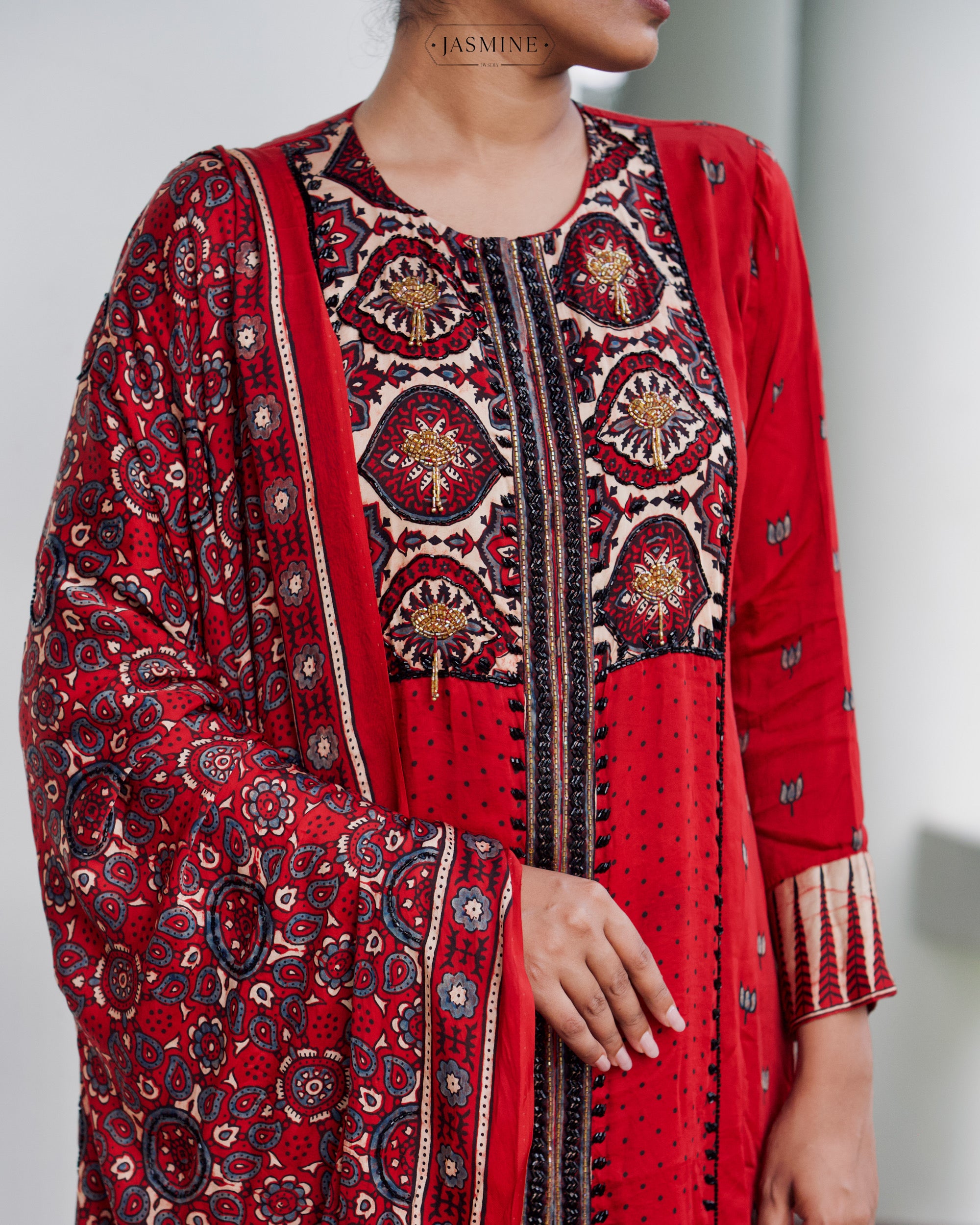 Ajrakh hand block printed modal silk straight cut salwar set with cutbead handwork