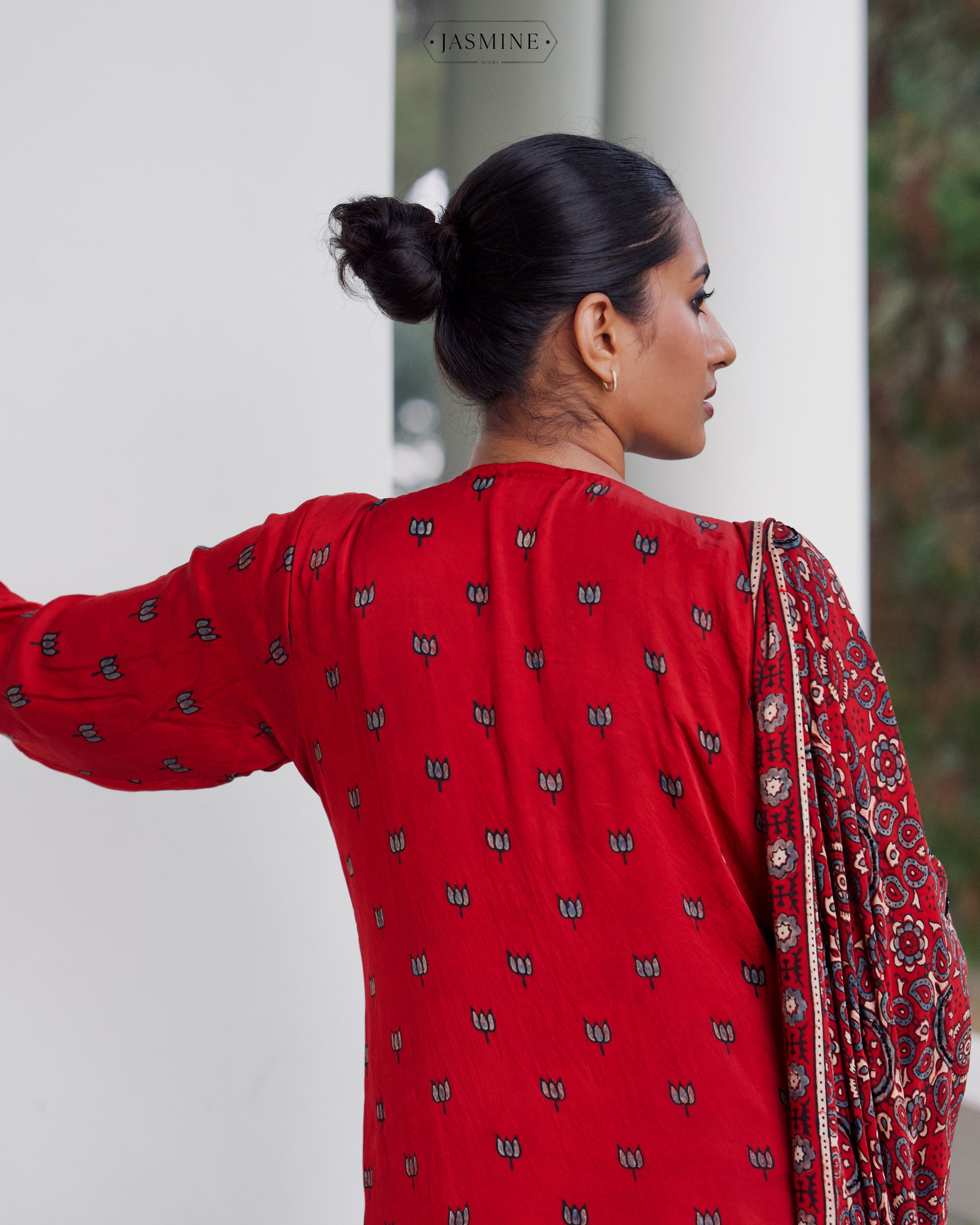 Ajrakh hand block printed modal silk straight cut salwar set with cutbead handwork