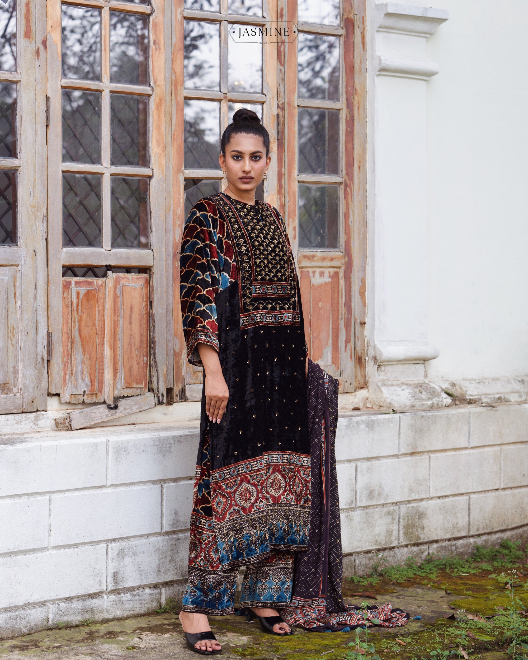 Ajrakh hand block printed velvet silk straight cut salwar set with cutbead handwork