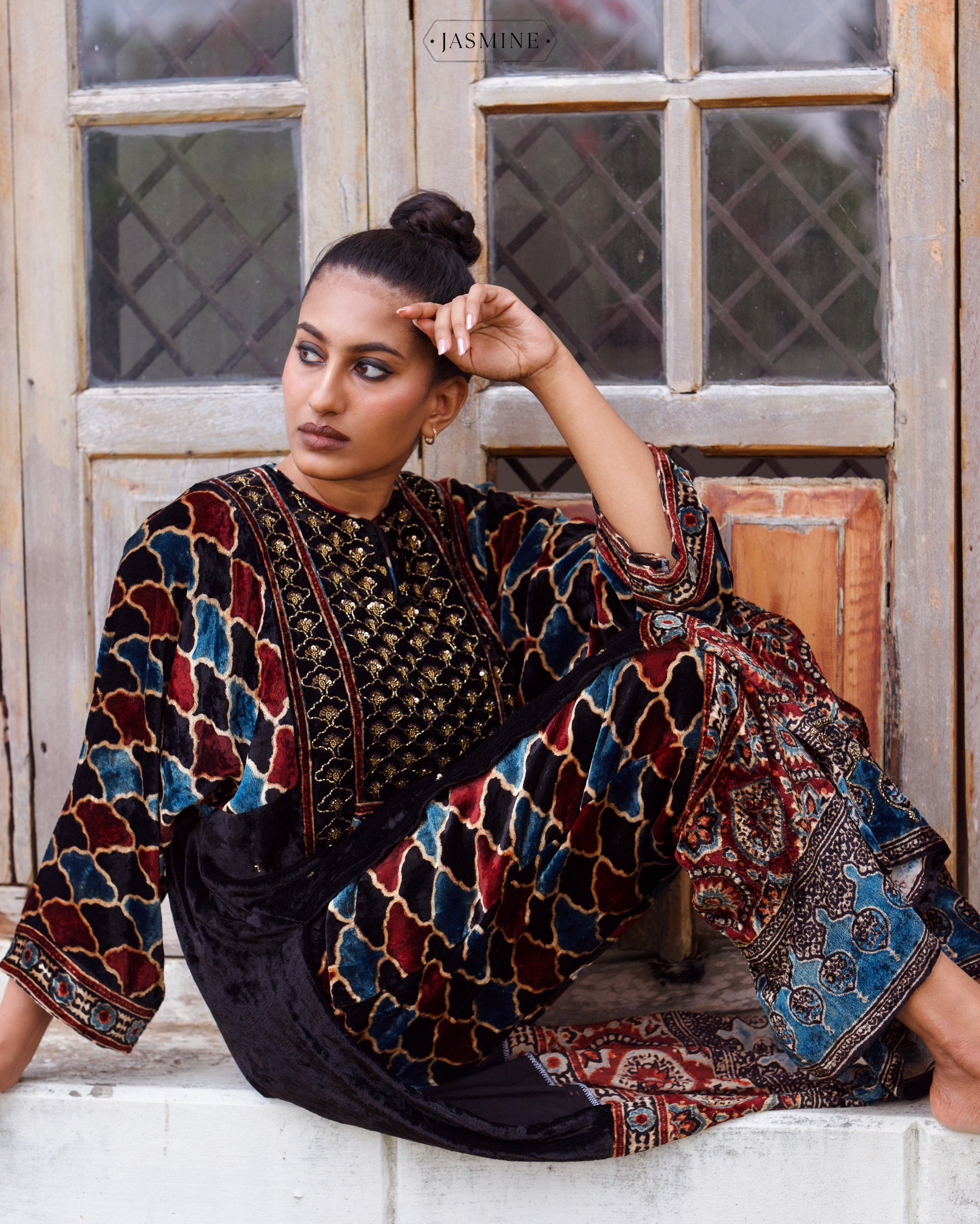 Ajrakh hand block printed velvet silk straight cut salwar set with cutbead handwork