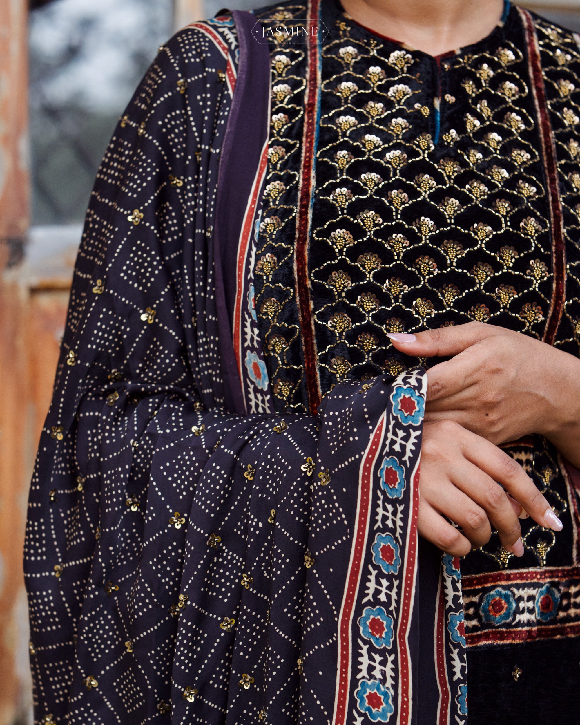 Ajrakh hand block printed velvet silk straight cut salwar set with cutbead handwork