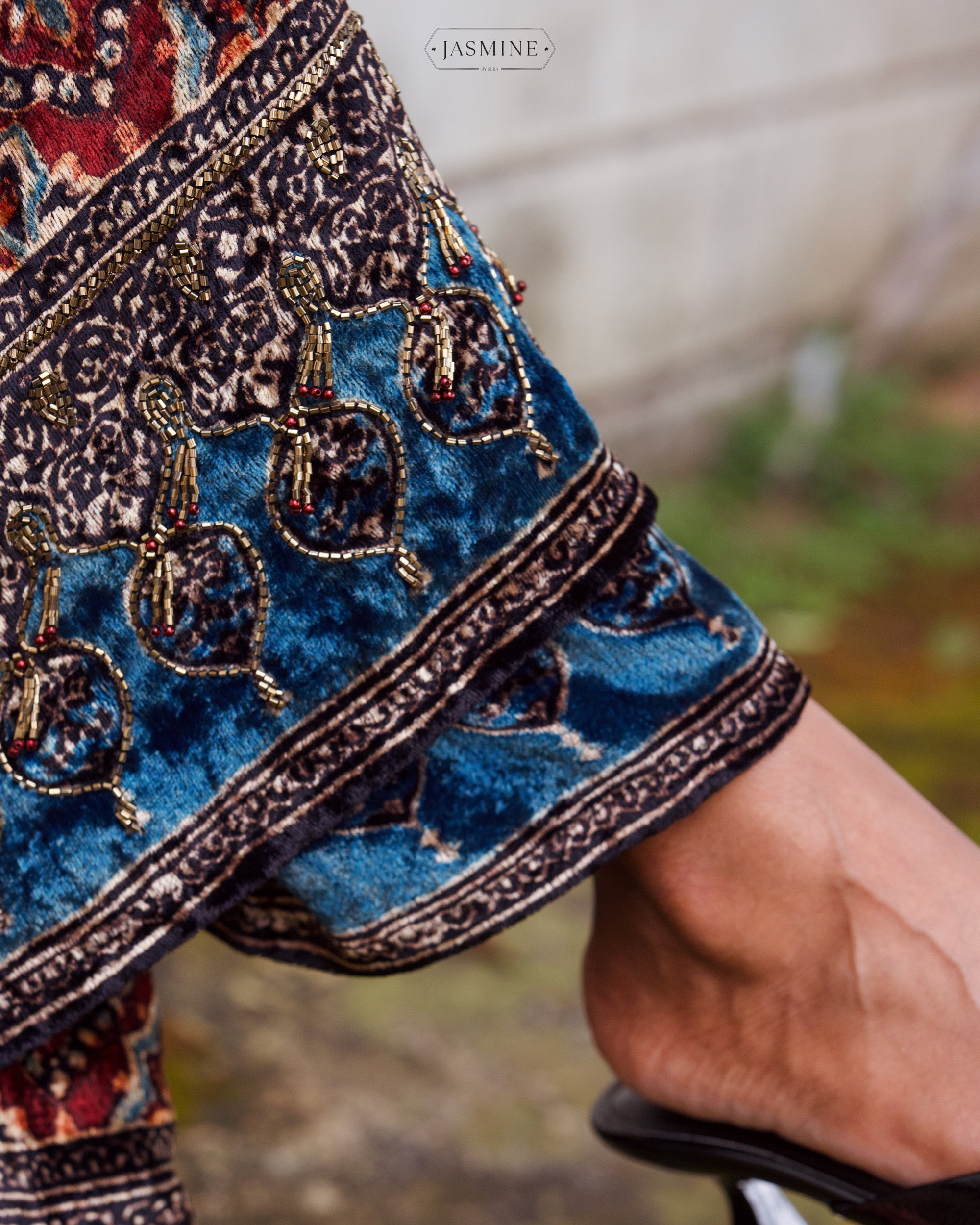 Ajrakh hand block printed velvet silk straight cut salwar set with cutbead handwork