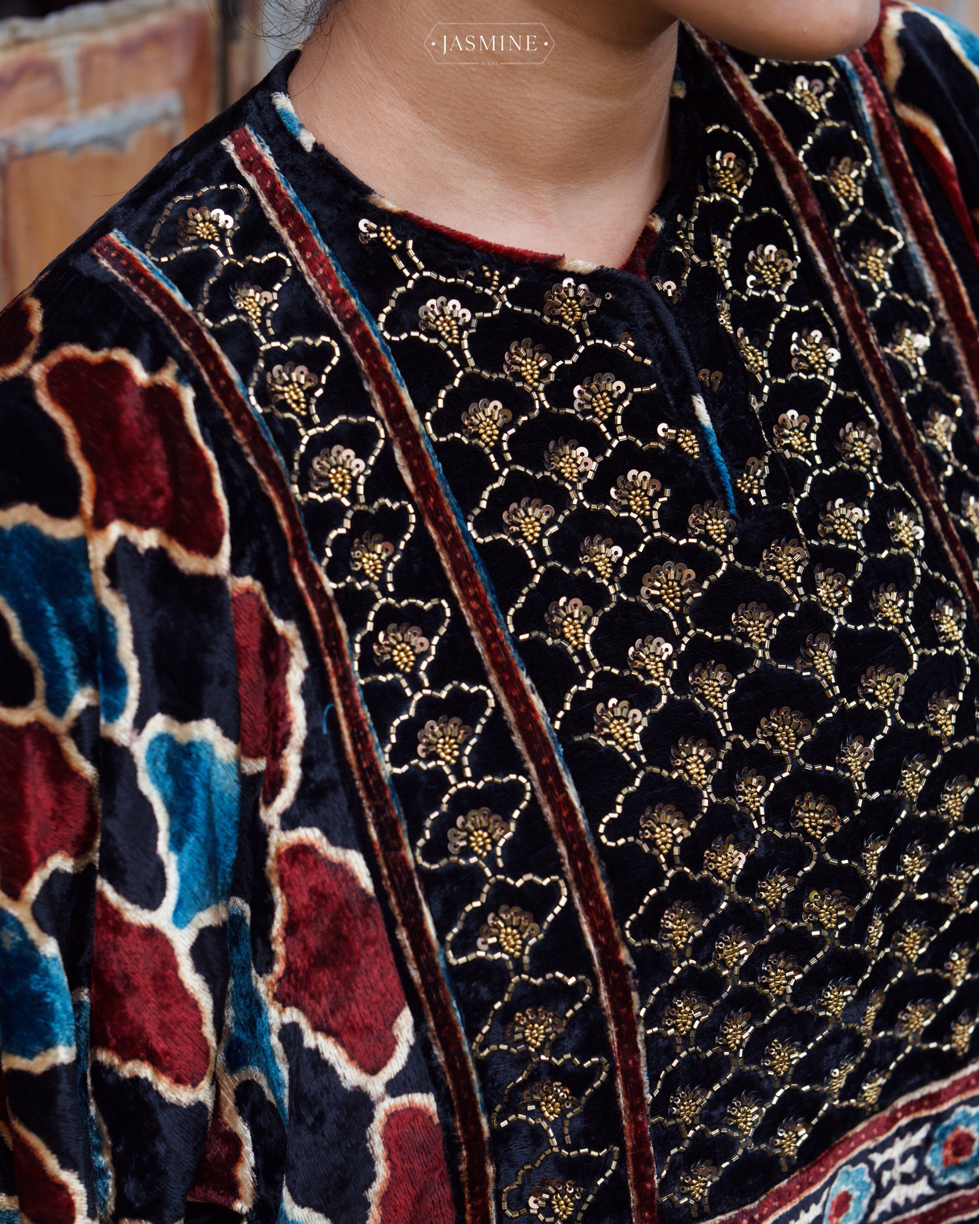 Ajrakh hand block printed velvet silk straight cut salwar set with cutbead handwork