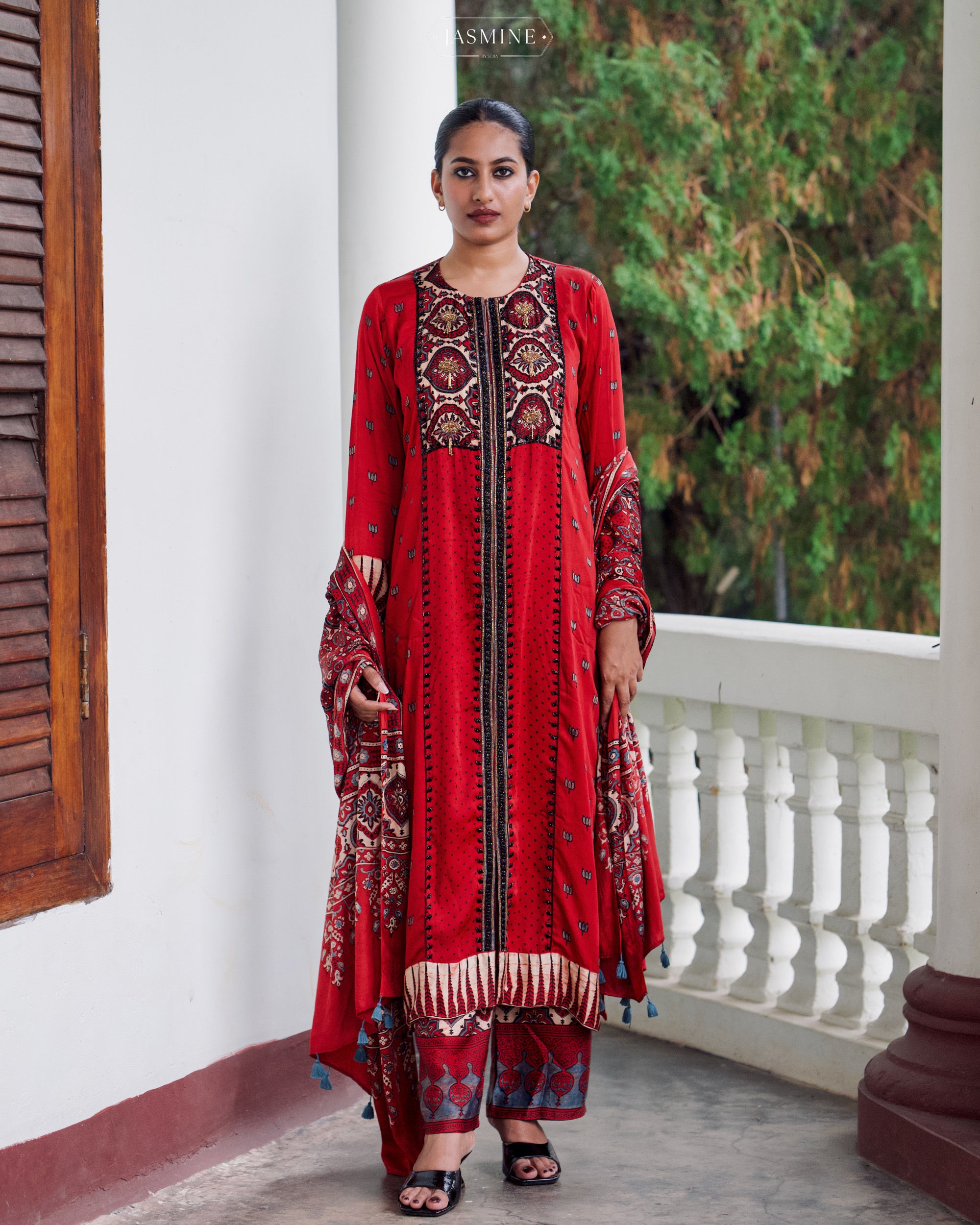 Ajrakh hand block printed modal silk straight cut salwar set with cutbead handwork