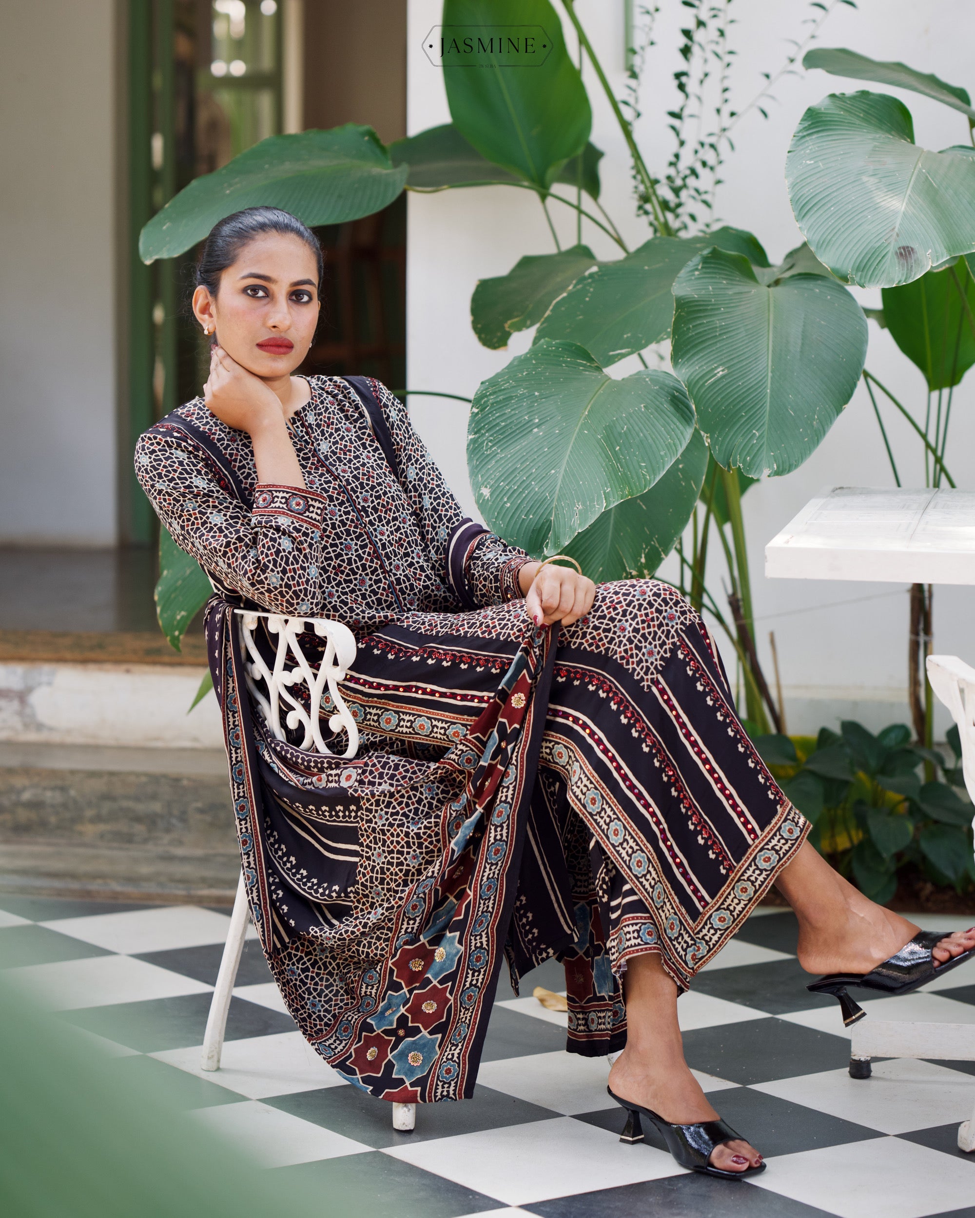 Ajrakh hand block printed modal silk straight cut salwar set with cutbead handwork