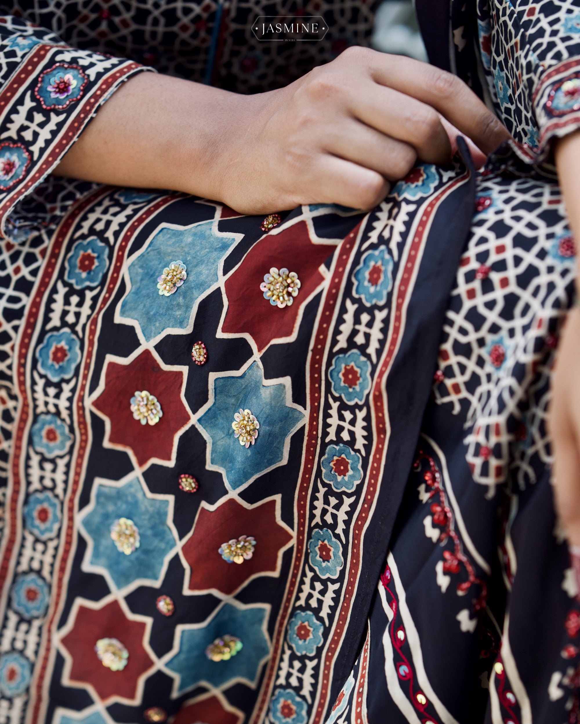 Ajrakh hand block printed modal silk straight cut salwar set with cutbead handwork