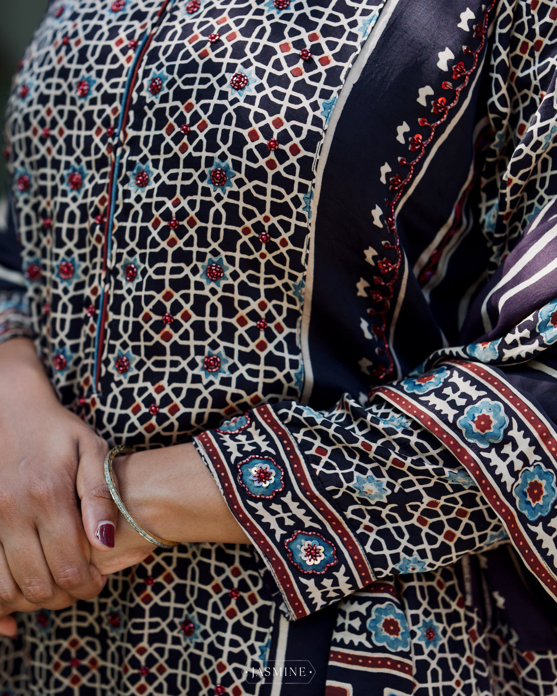 Ajrakh hand block printed modal silk straight cut salwar set with cutbead handwork