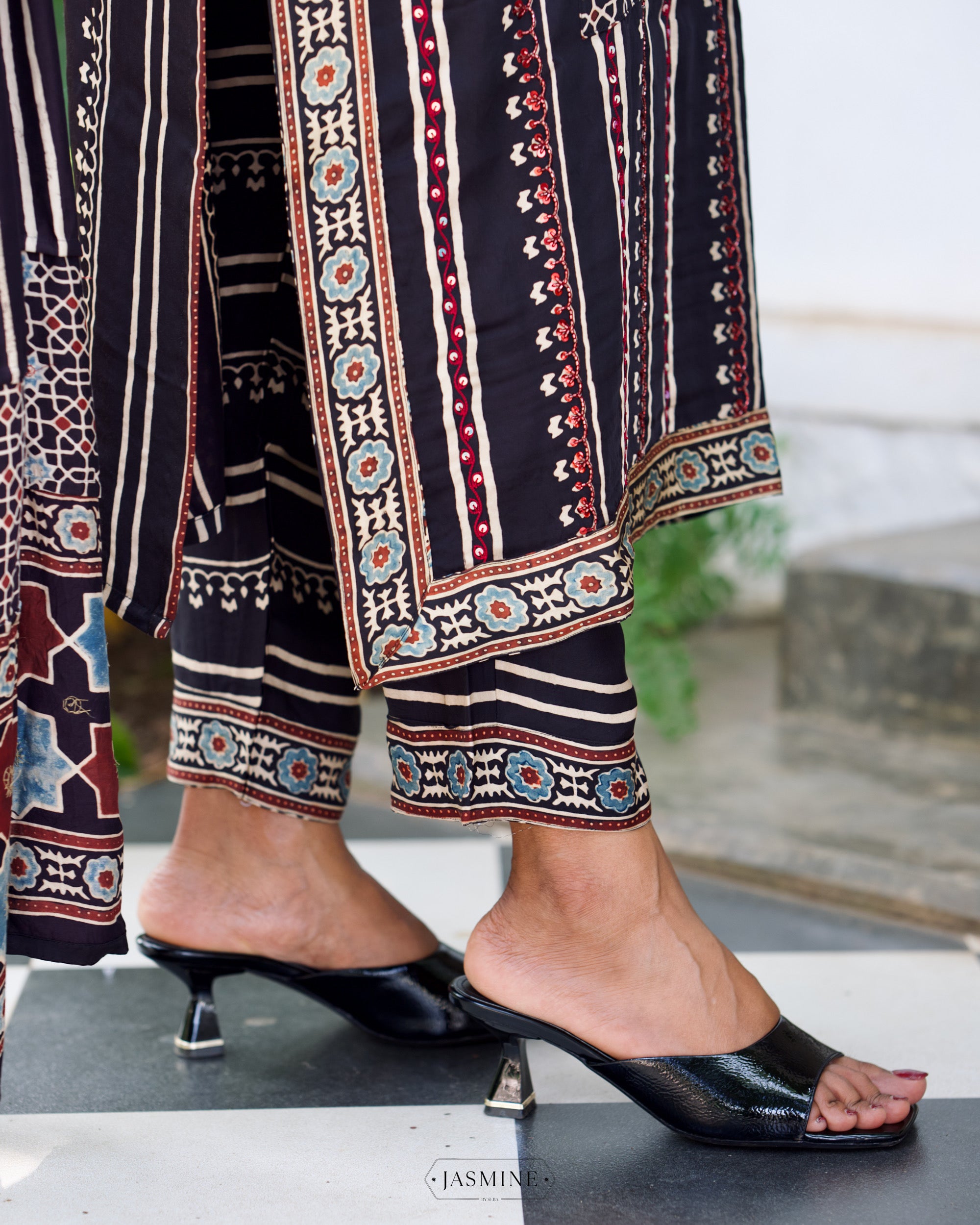 Ajrakh hand block printed modal silk straight cut salwar set with cutbead handwork