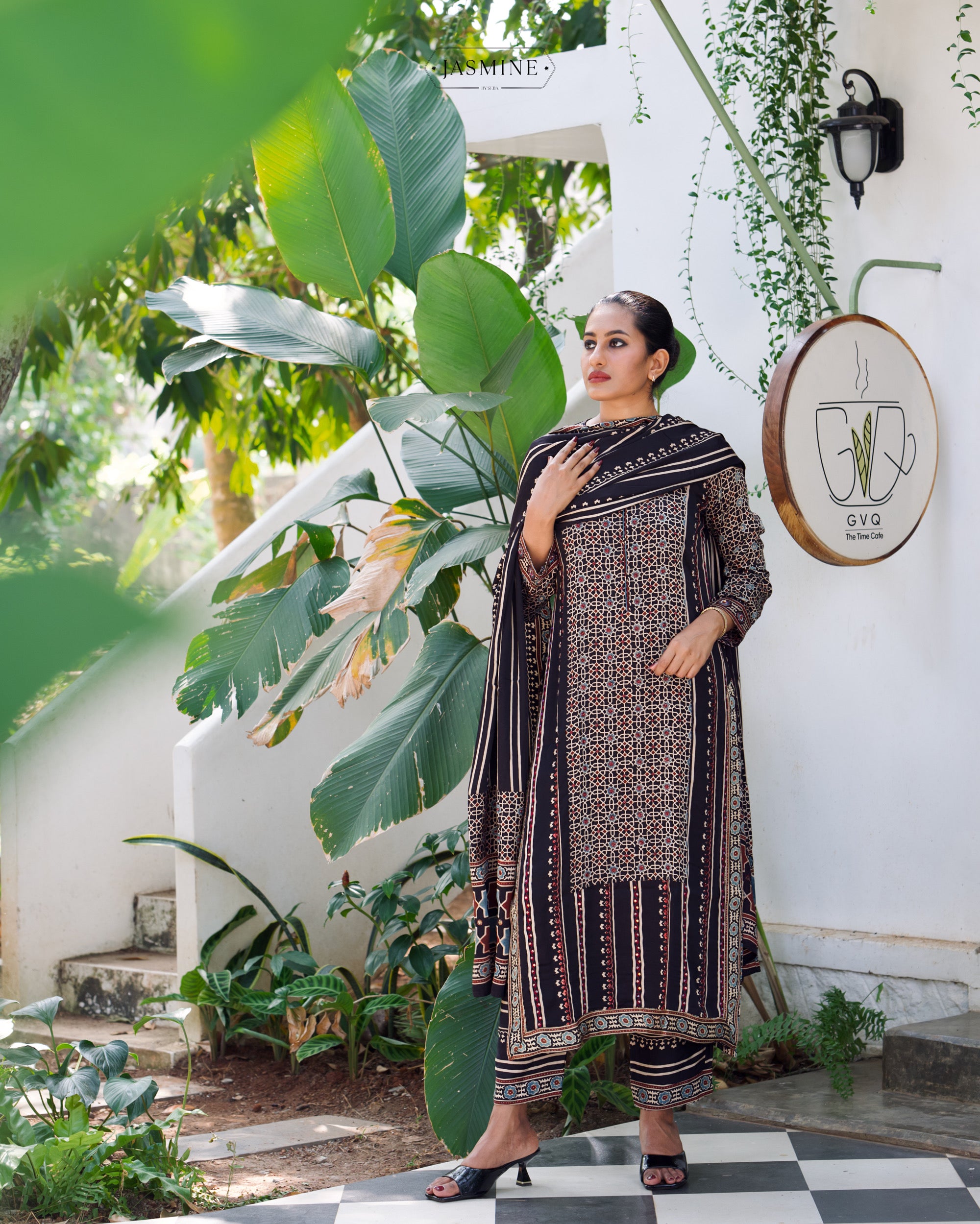 Ajrakh hand block printed modal silk straight cut salwar set with cutbead handwork