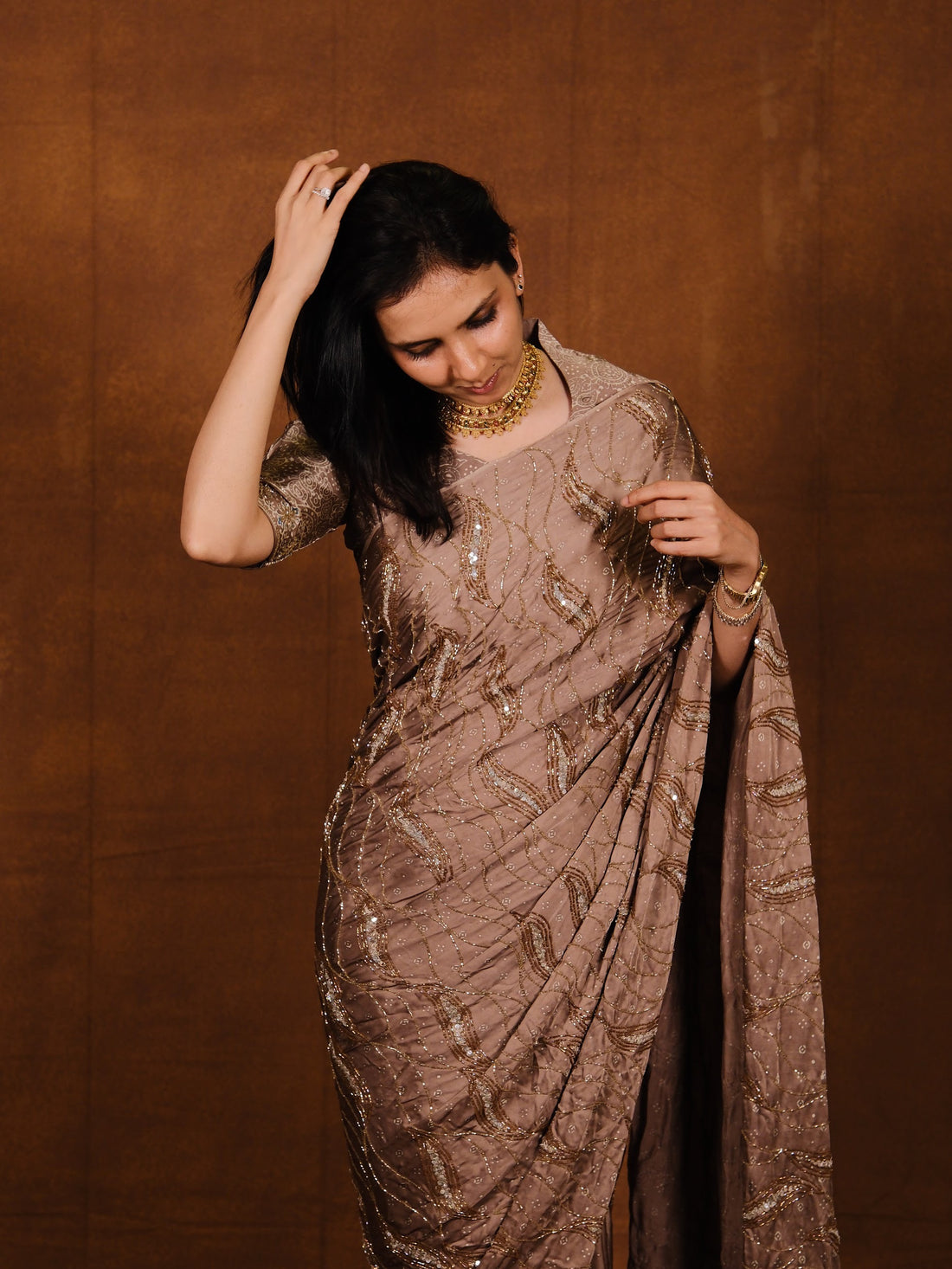 Ajrakh pure modal silk hand dyed, hand block printed and handworked saree