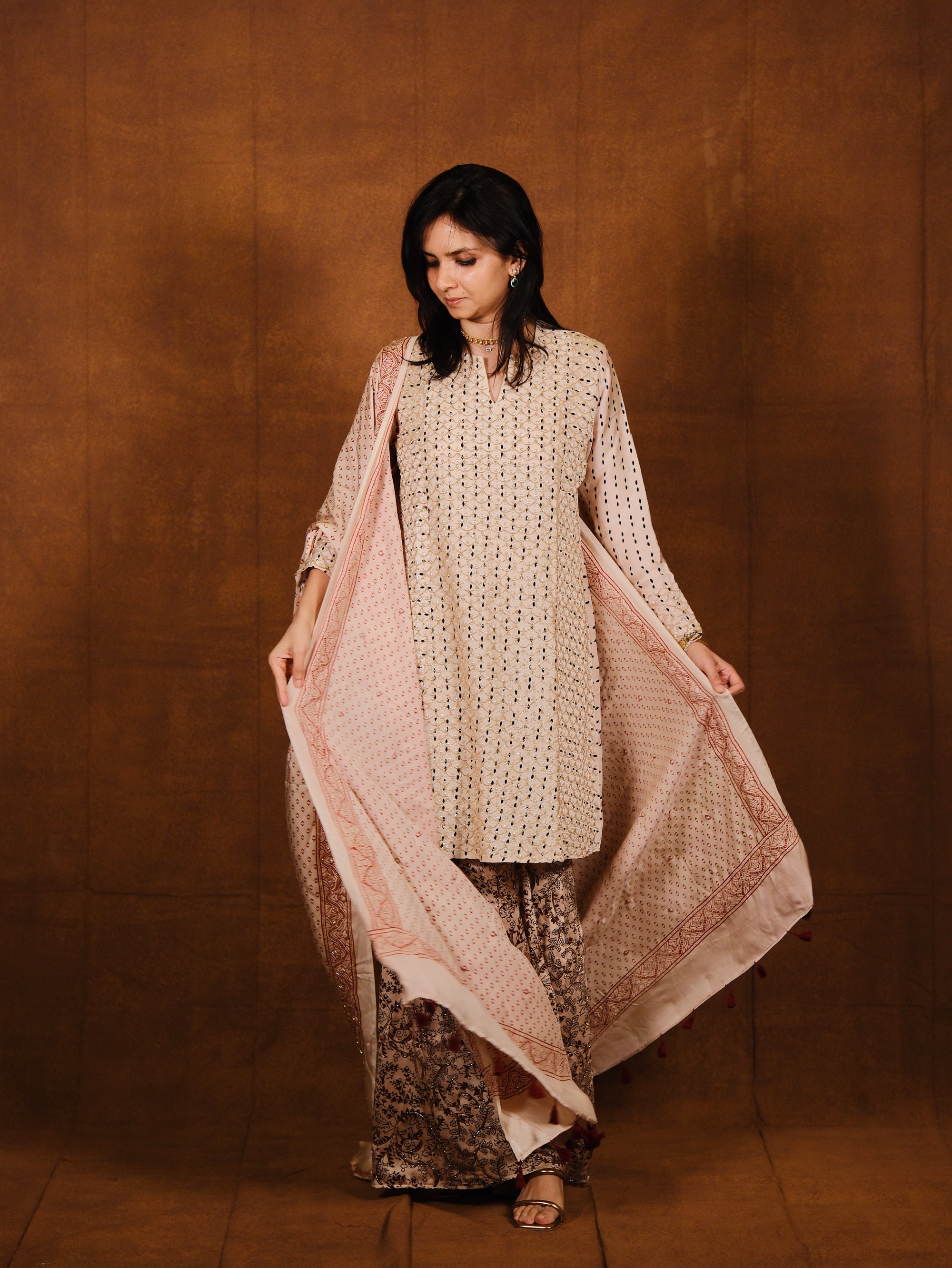 Ajrakh hand dyed hand block printed modal silk sharara set with cut bead handwork