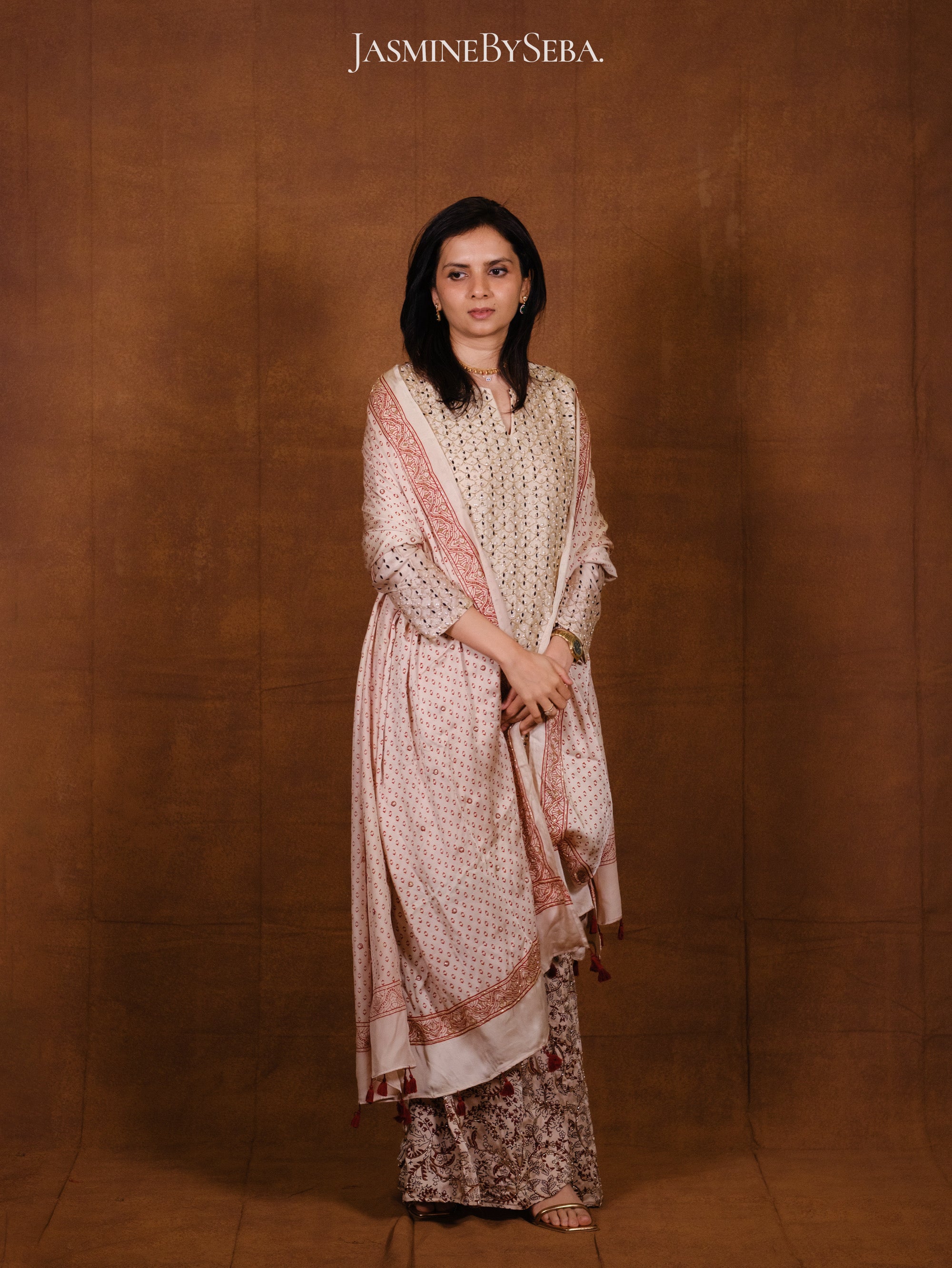 Ajrakh hand dyed hand block printed modal silk sharara set with cut bead handwork