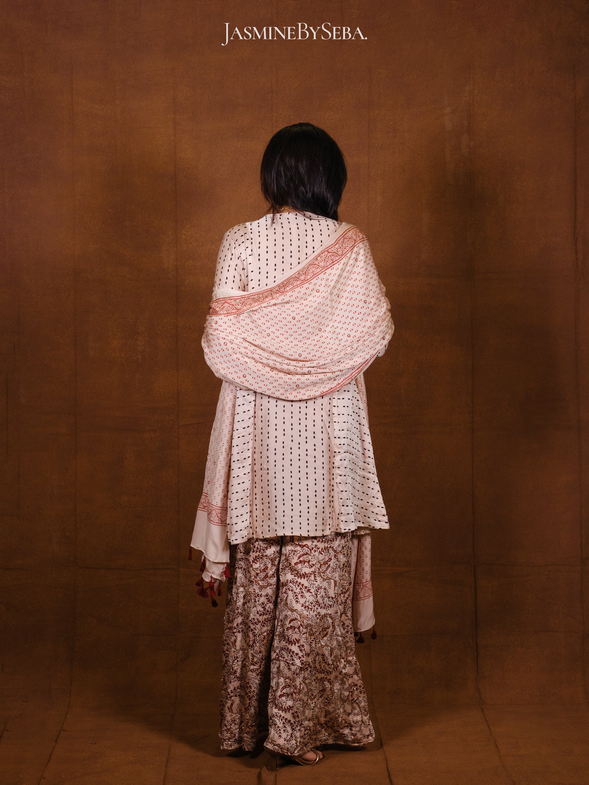 Ajrakh hand dyed hand block printed modal silk sharara set with cut bead handwork