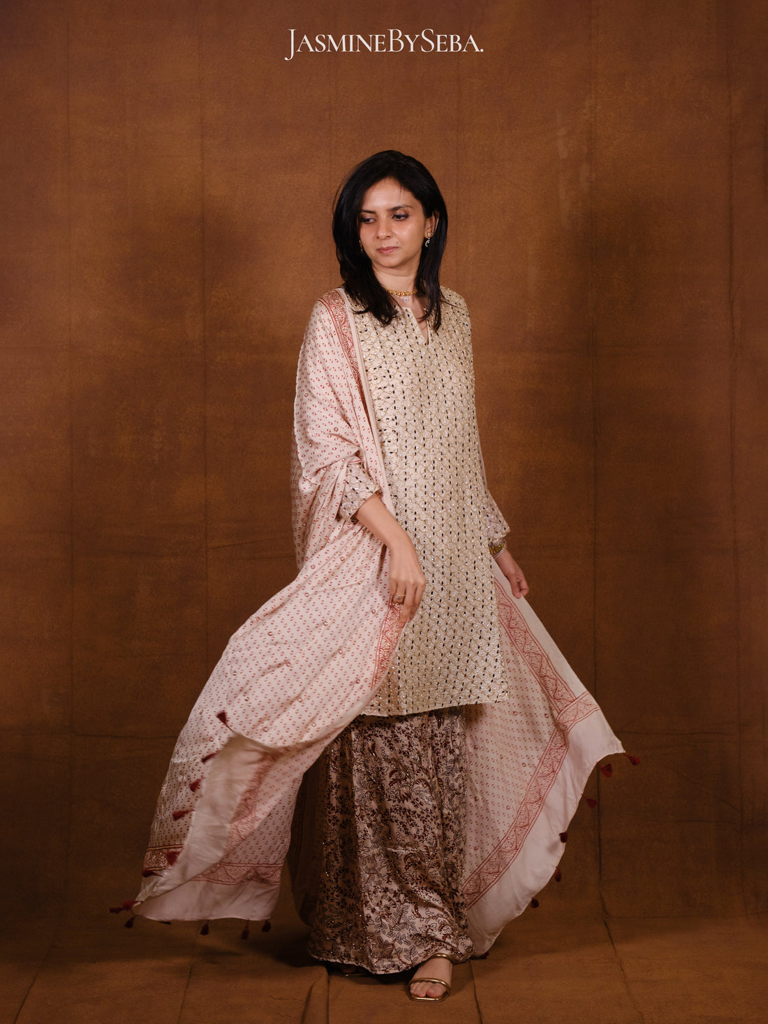 Ajrakh hand dyed hand block printed modal silk sharara set with cut bead handwork