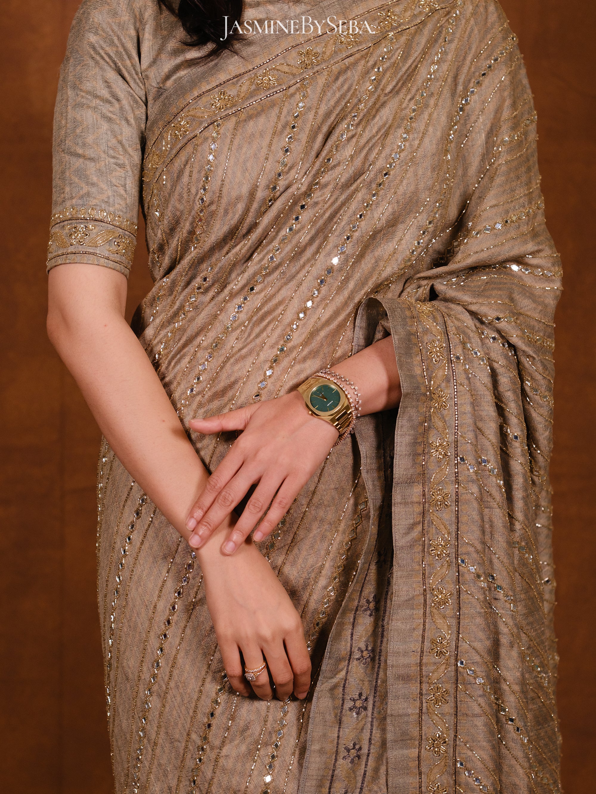 Ajrakh pure handloom tussar silk hand dyed, hand block printed and handworked saree