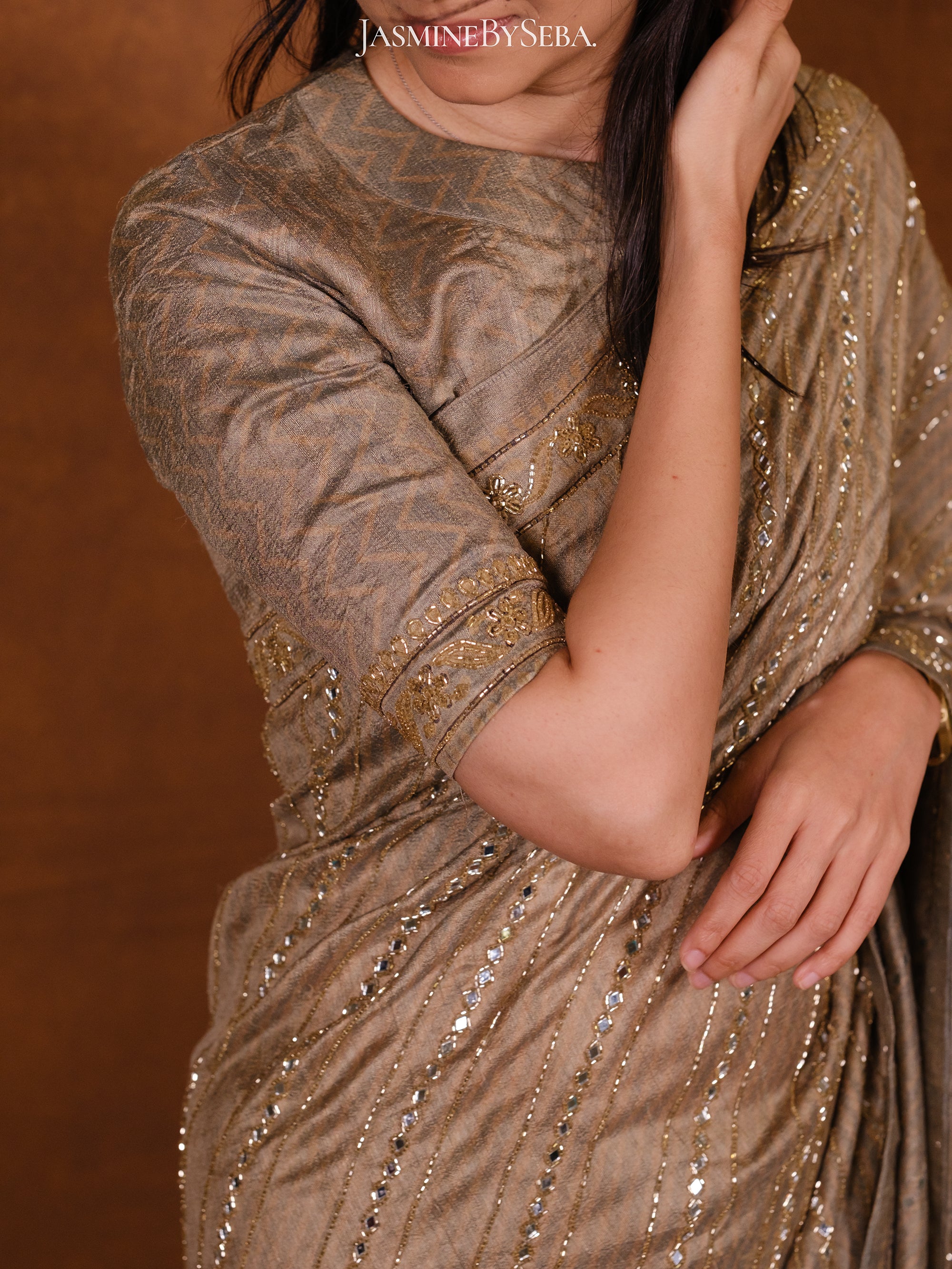 Ajrakh pure handloom tussar silk hand dyed, hand block printed and handworked saree