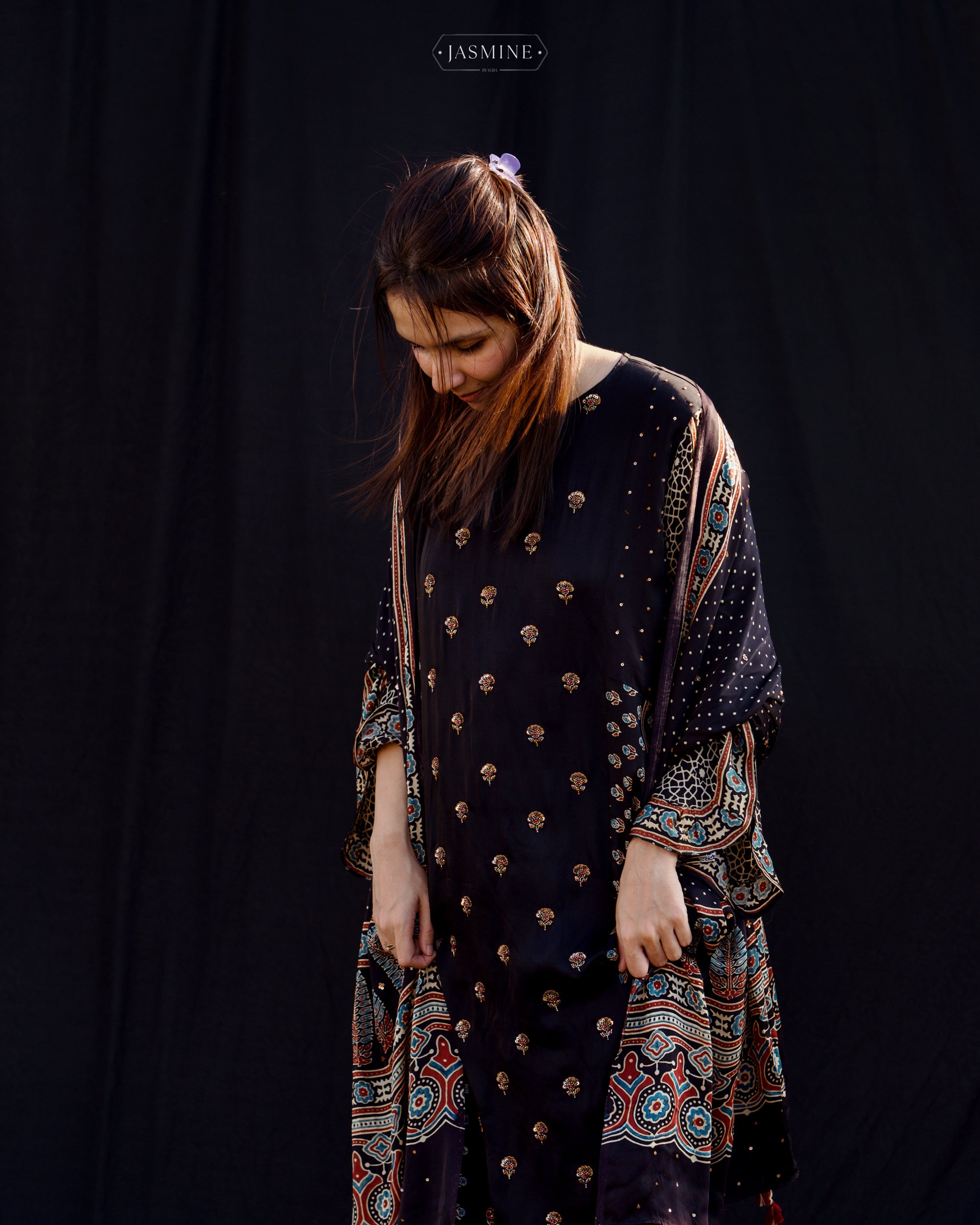 Ajrakh hand block printed modal silk A line salwar set with zardosi handwork