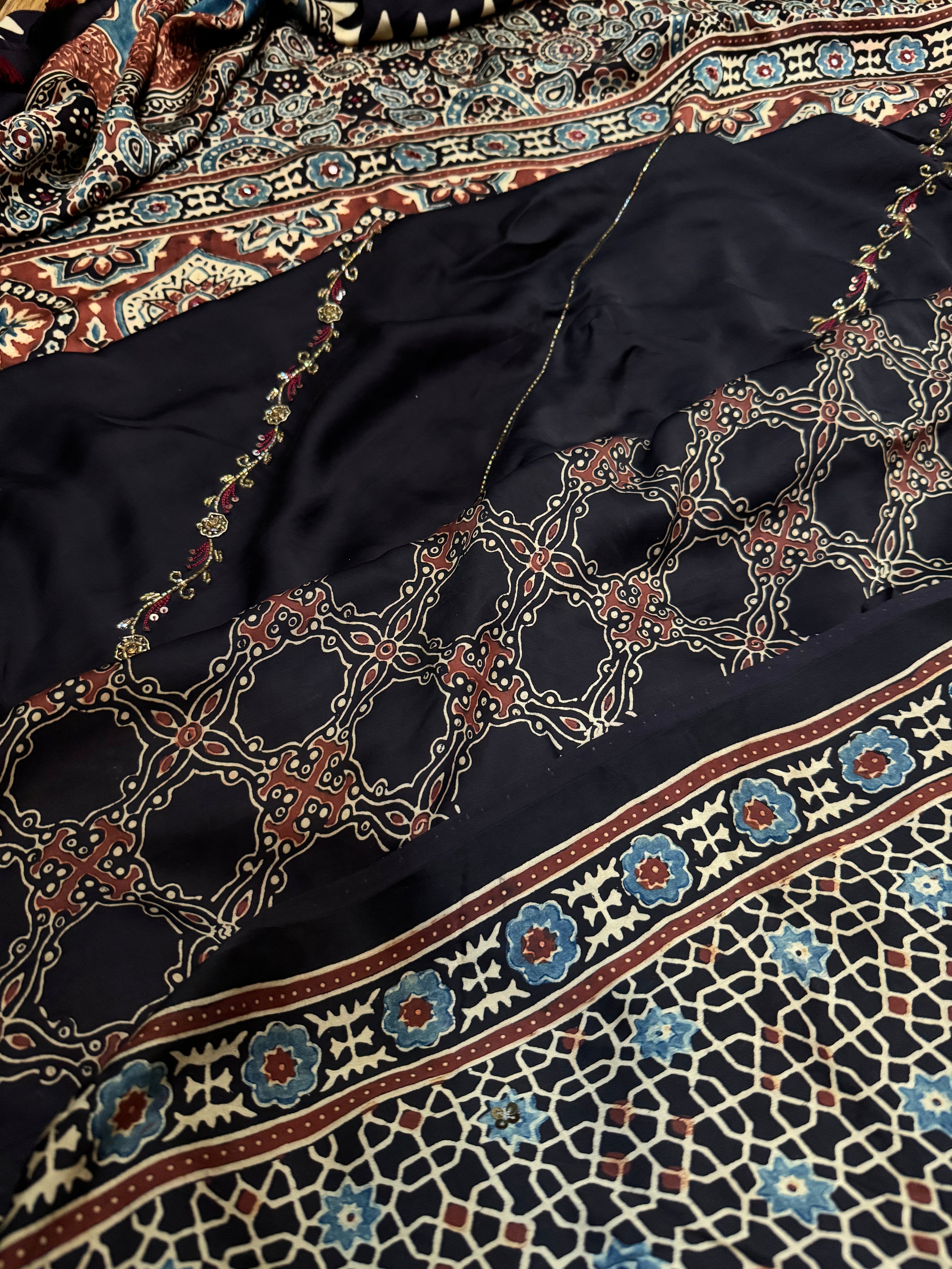 Ajrakh modal silk handworked saree with modal silk handworked dupatta