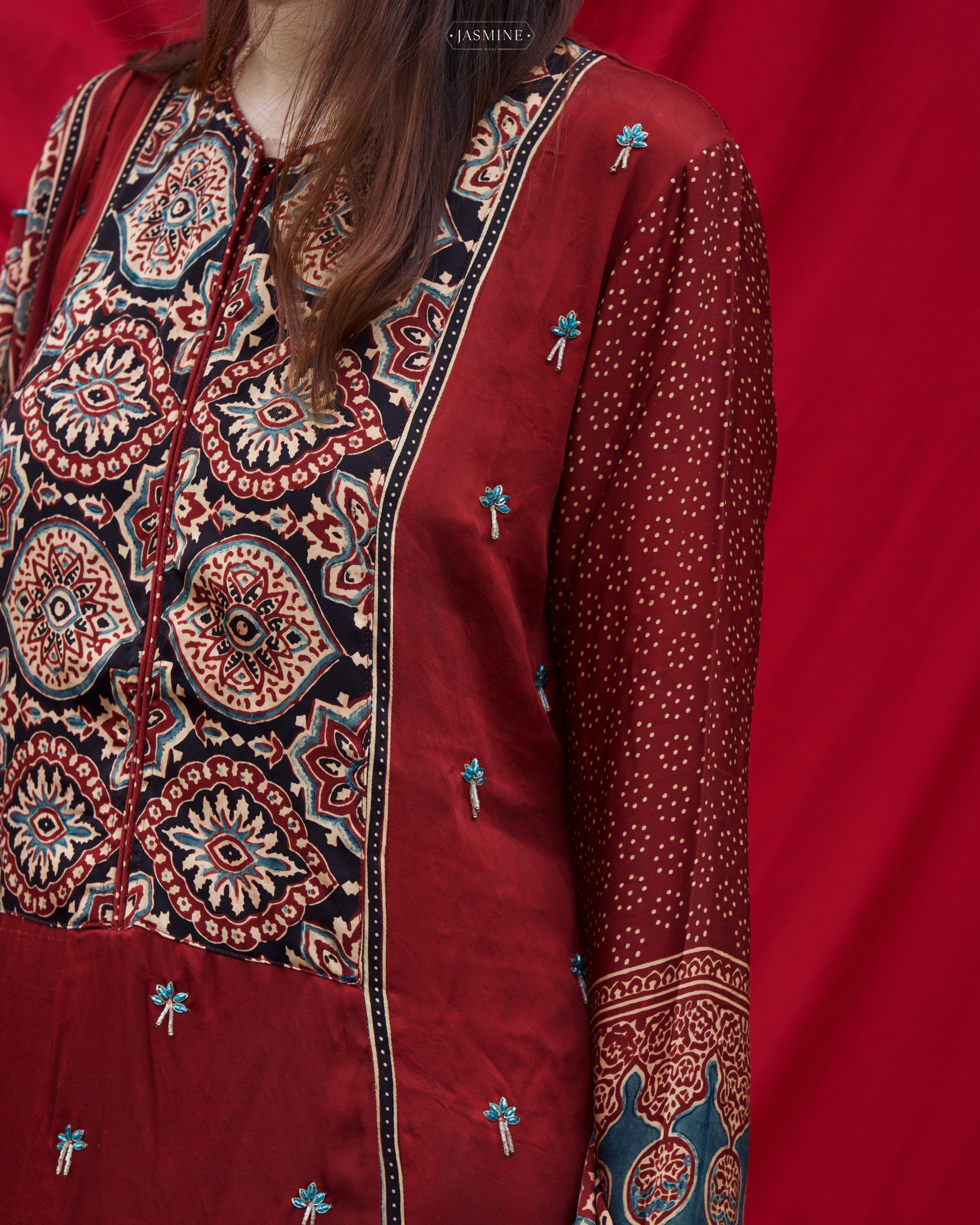 Ajrakh hand block printed modal silk straight cut salwar set with cut bead handwork